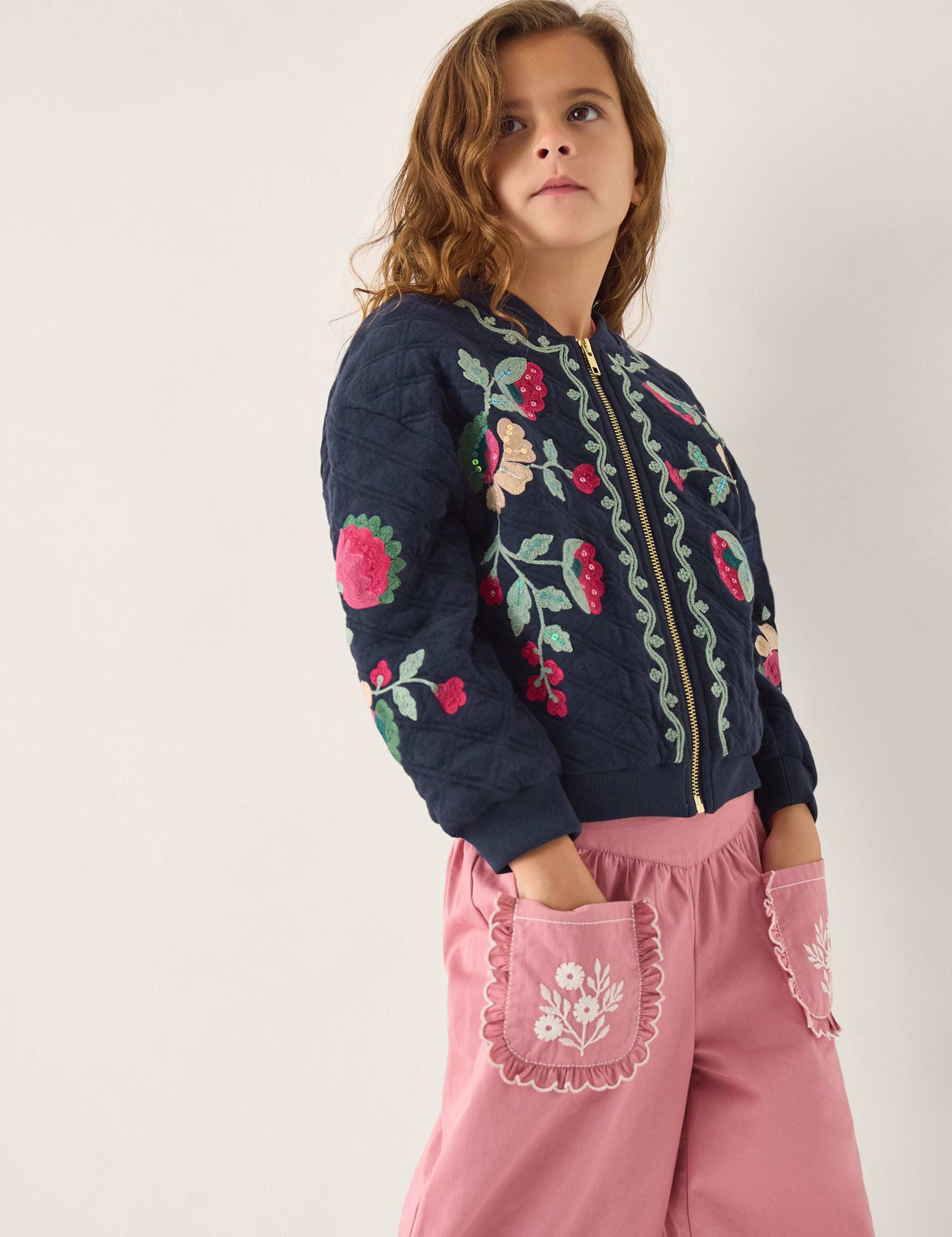 Floral Embroidered Quilted Bomber Jacket (3-15 Years)