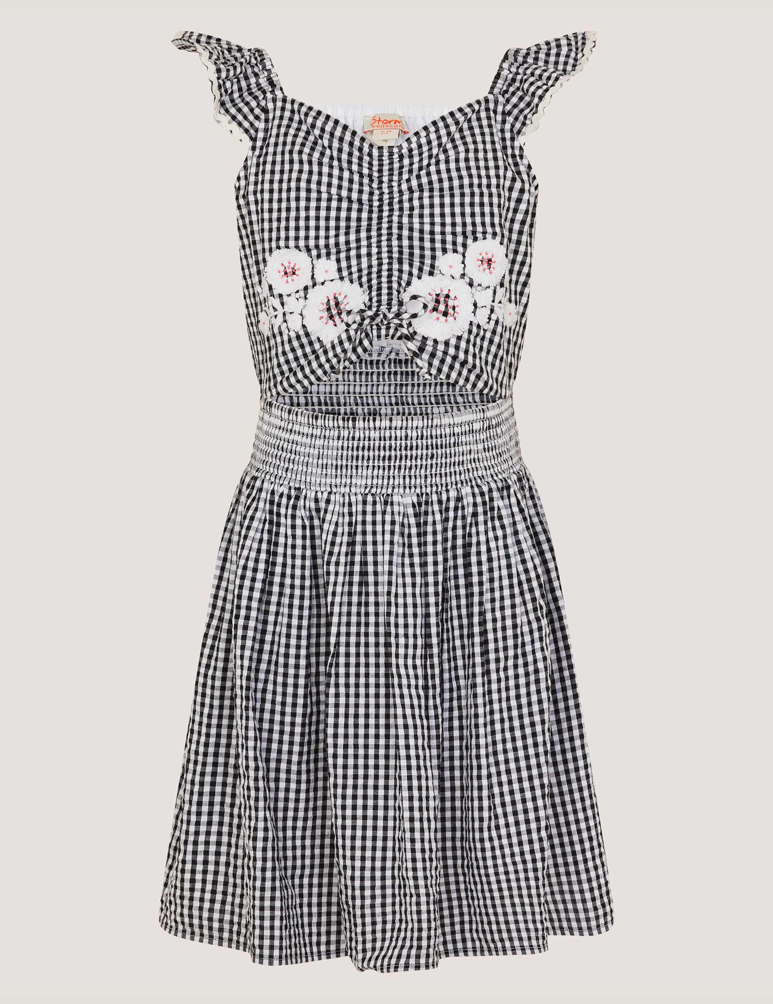 Pure Cotton Gingham Floral Embroidery Dress (7-15 Years)