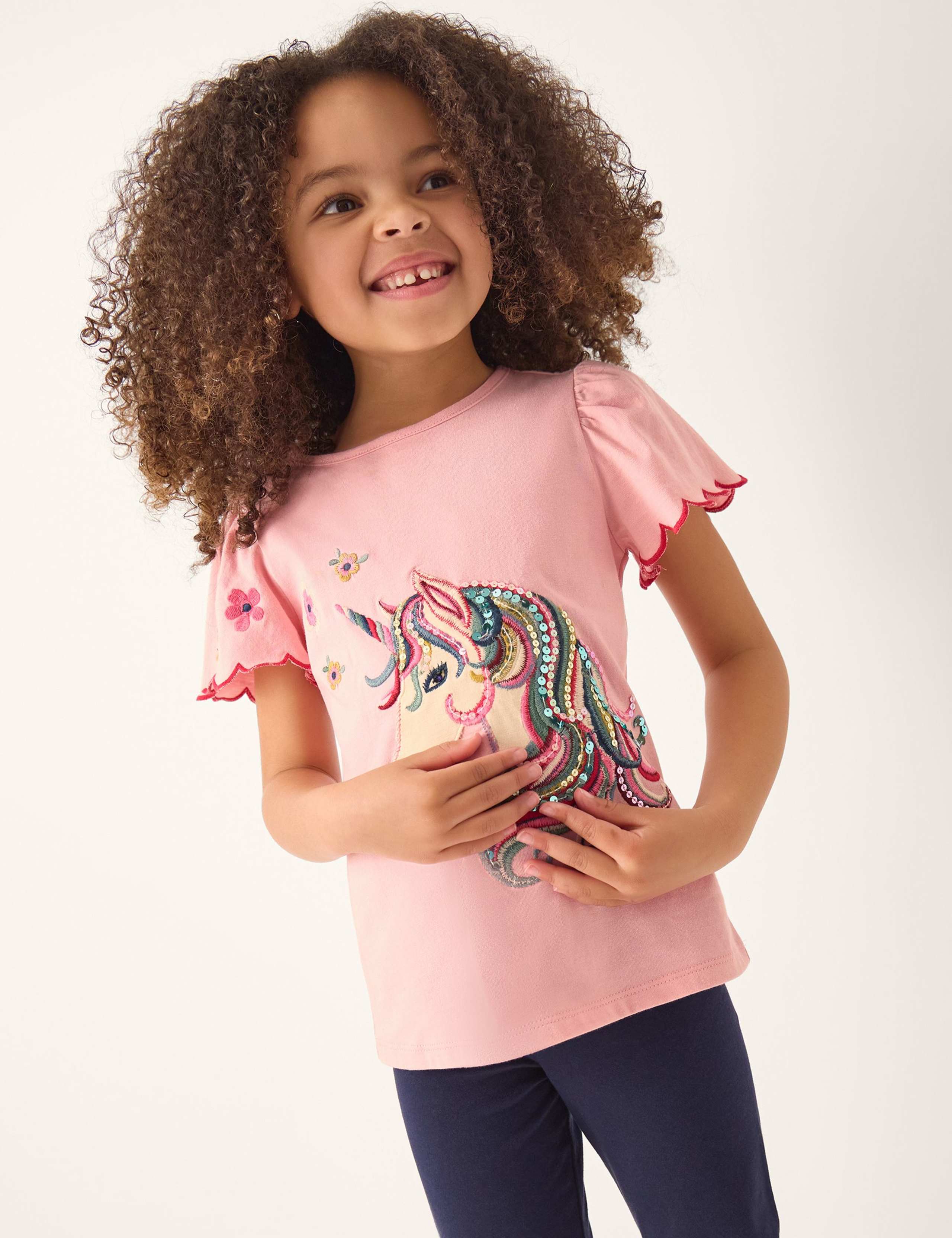 Pure Cotton Embroidered Sequin Unicorn T-Shirt (3-13 Years)