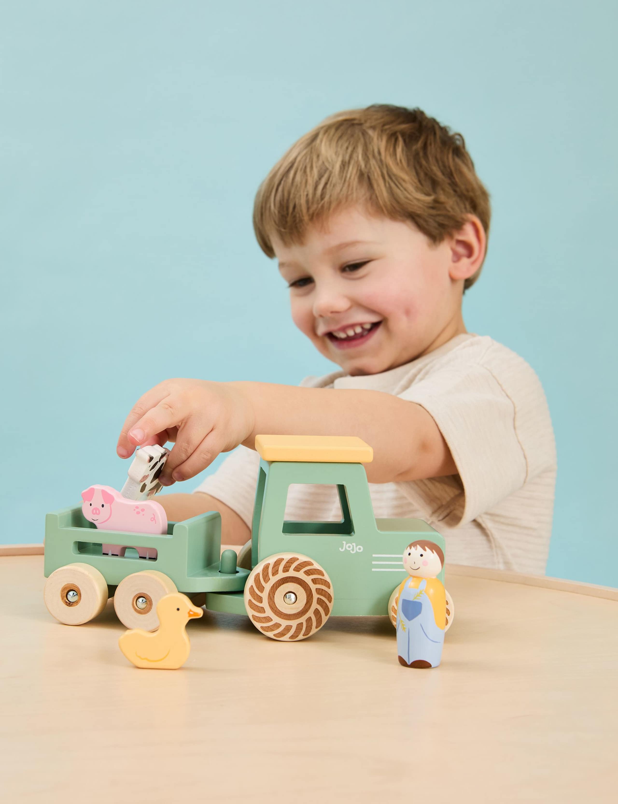 Wooden Farm Tractor & Trailer Set