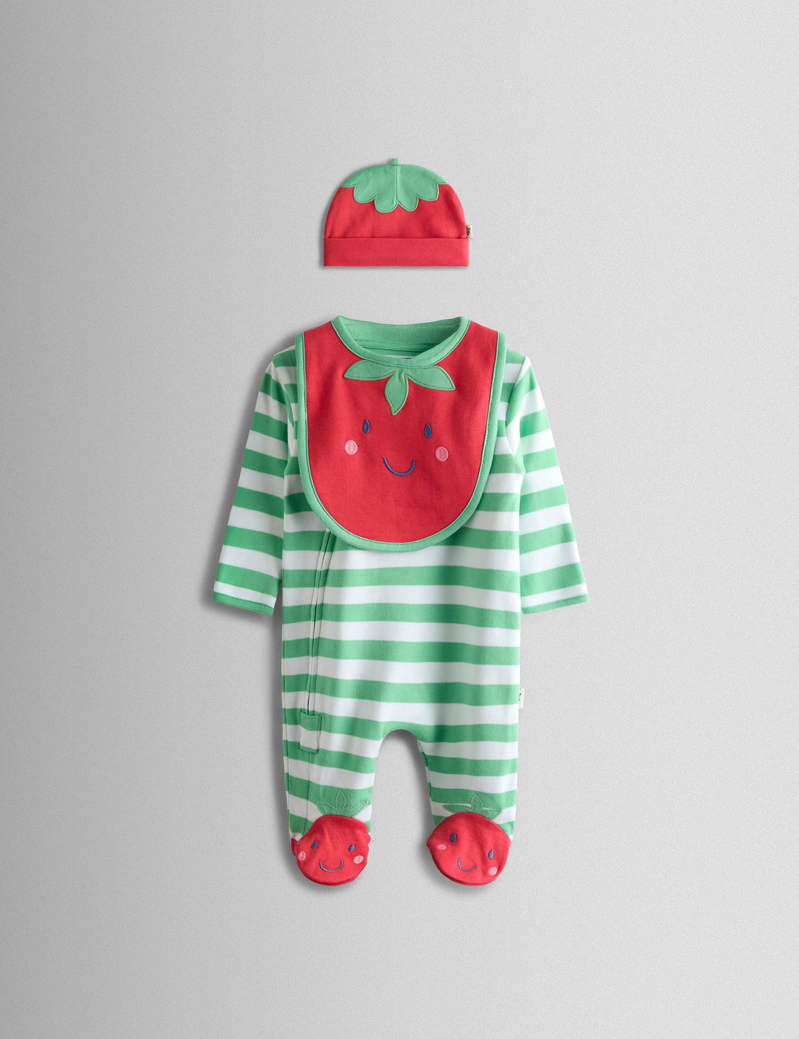 3 Piece Pure Cotton Striped Sleepsuit, Hat & Bib Set (7lbs-18 Mths)