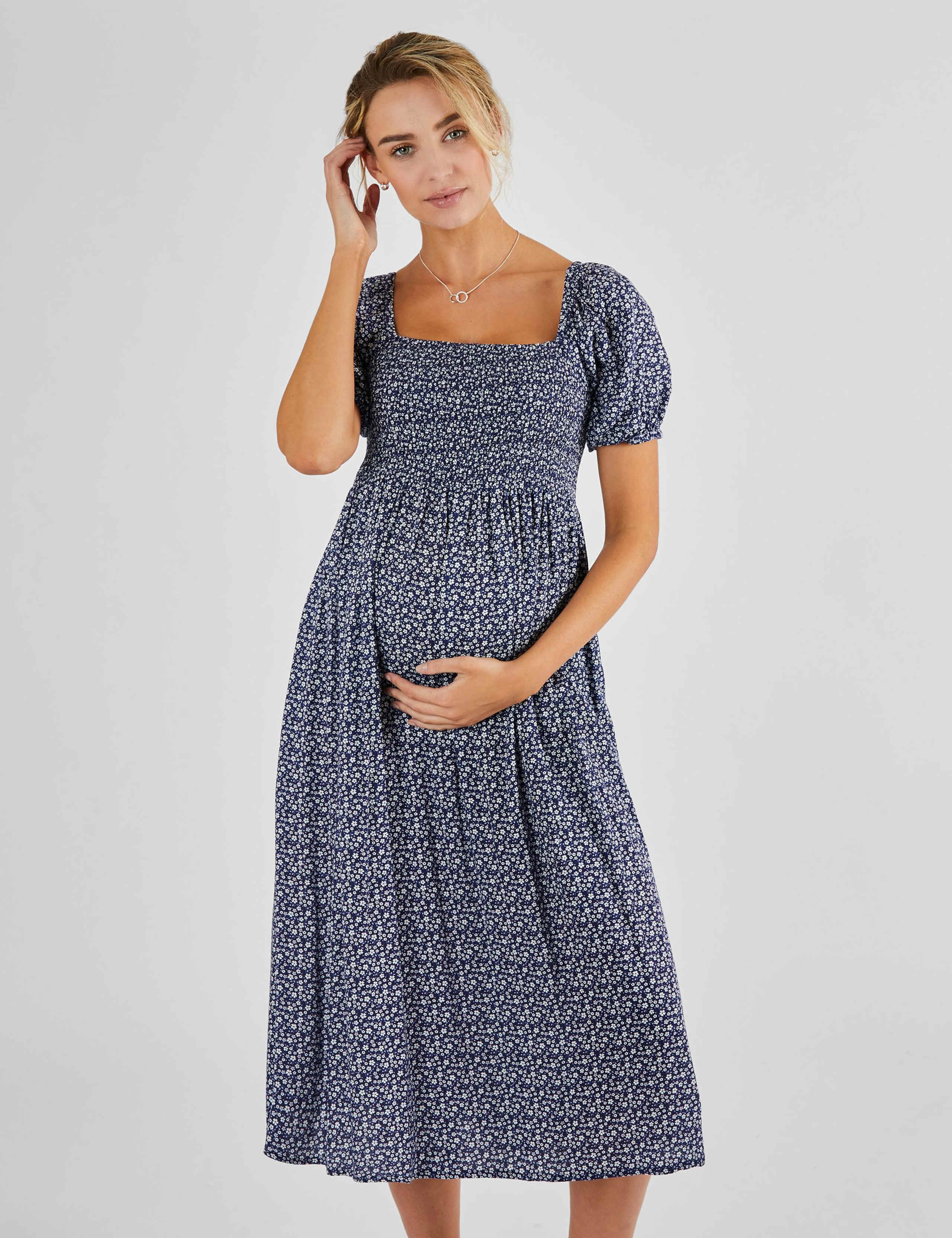 Maternity Ditsy Floral Midi Shirred Dress
