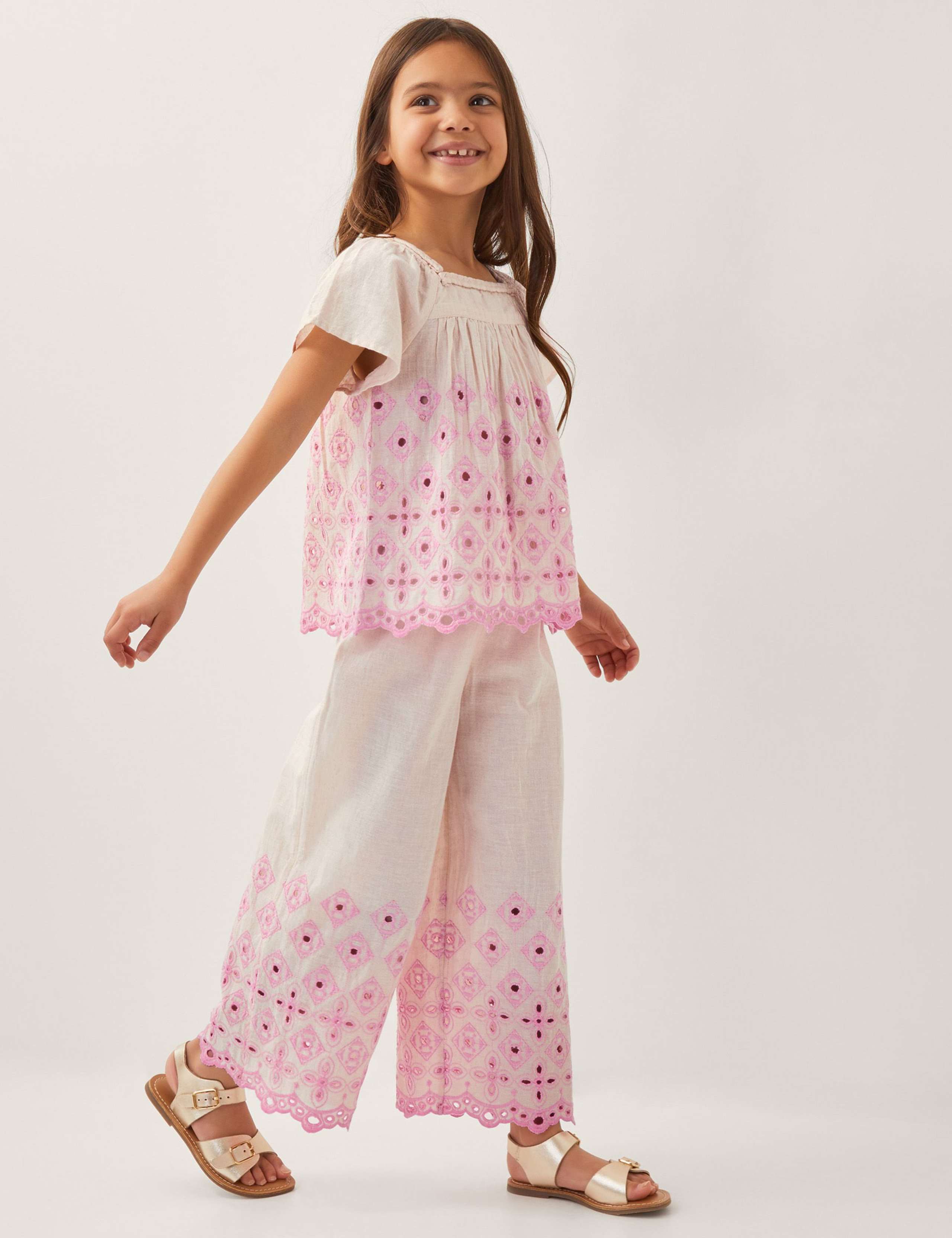 Cotton Rich Broderie Wide Leg Trousers (3-13 Yrs)