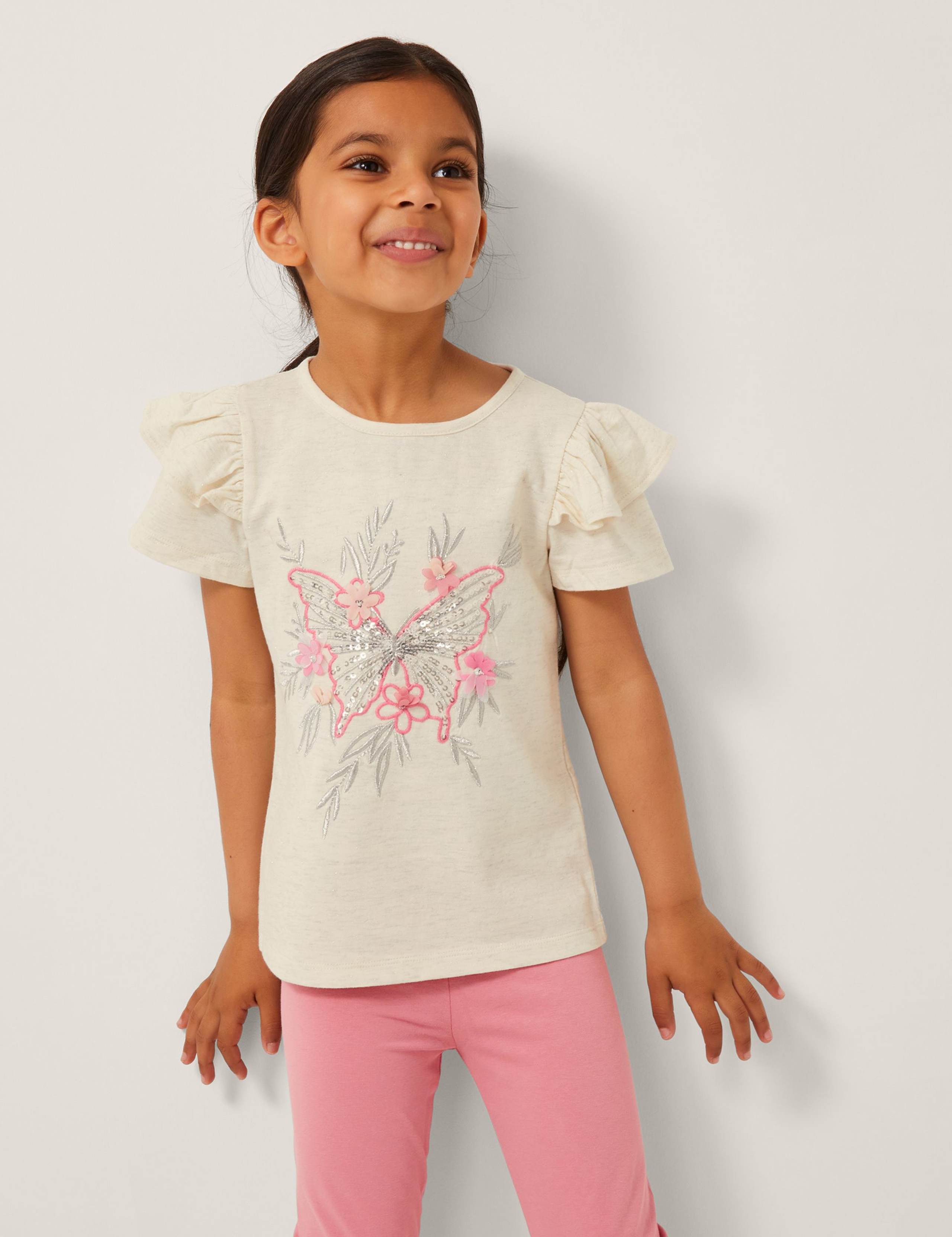 Floral Embellished Frill Sleeve T-Shirt (3-13 Yrs)