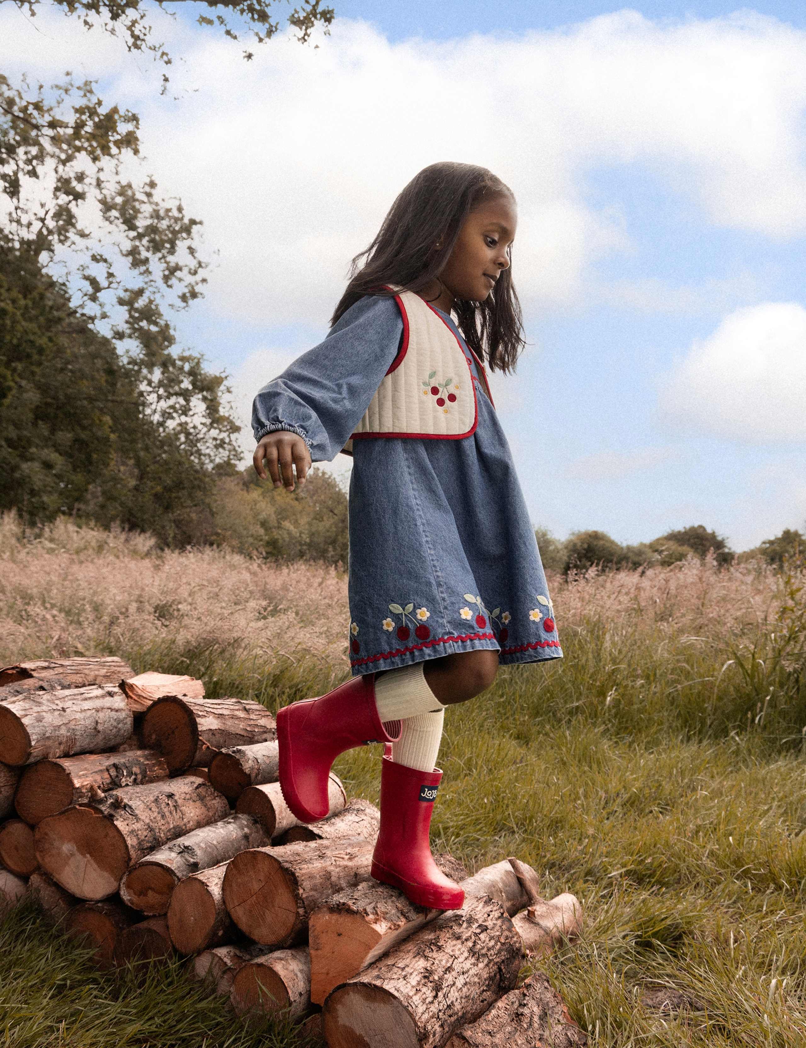 Embroidered Denim Dress And Gilet Set