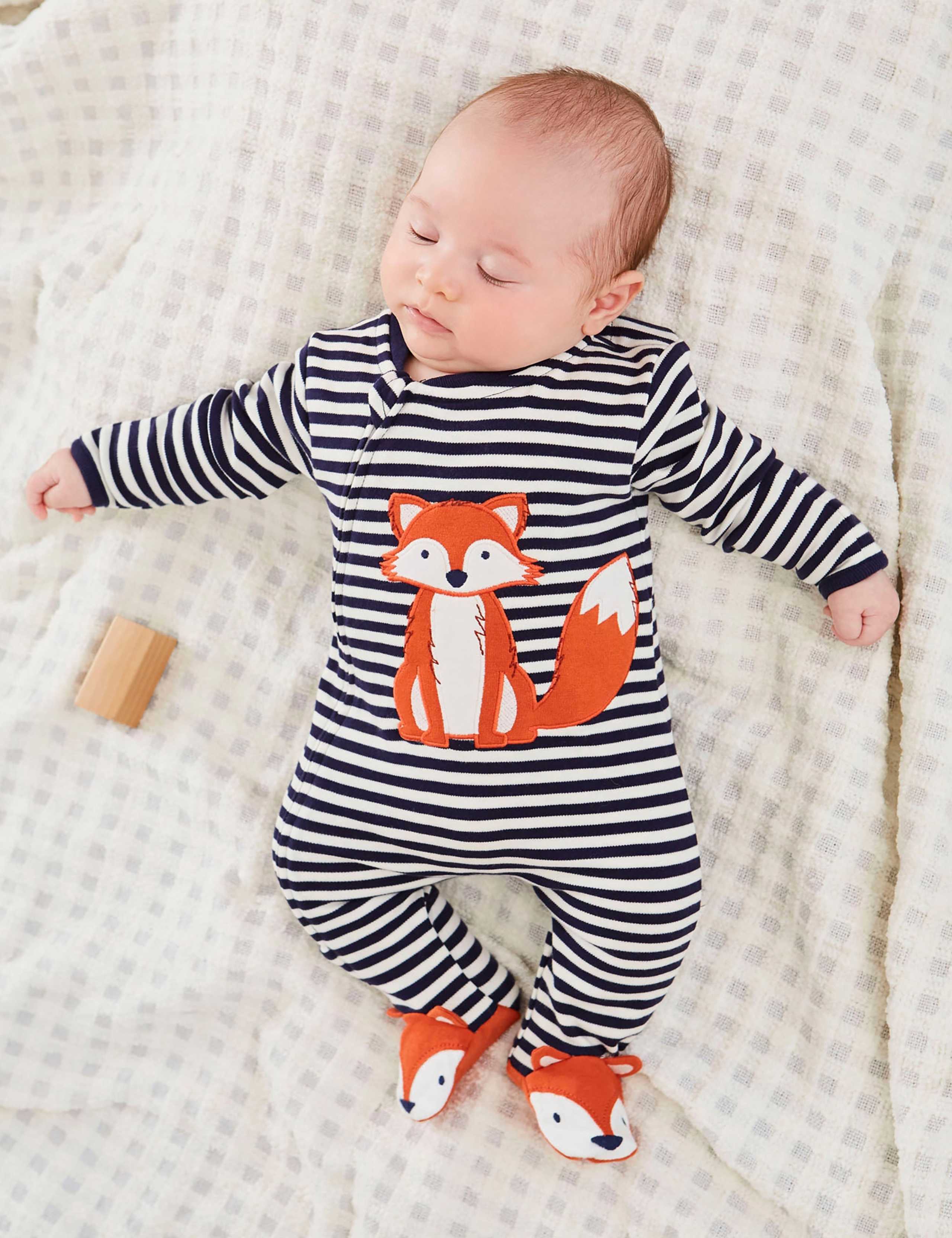 Pure Cotton Fox Applique Zip Up Sleepsuit