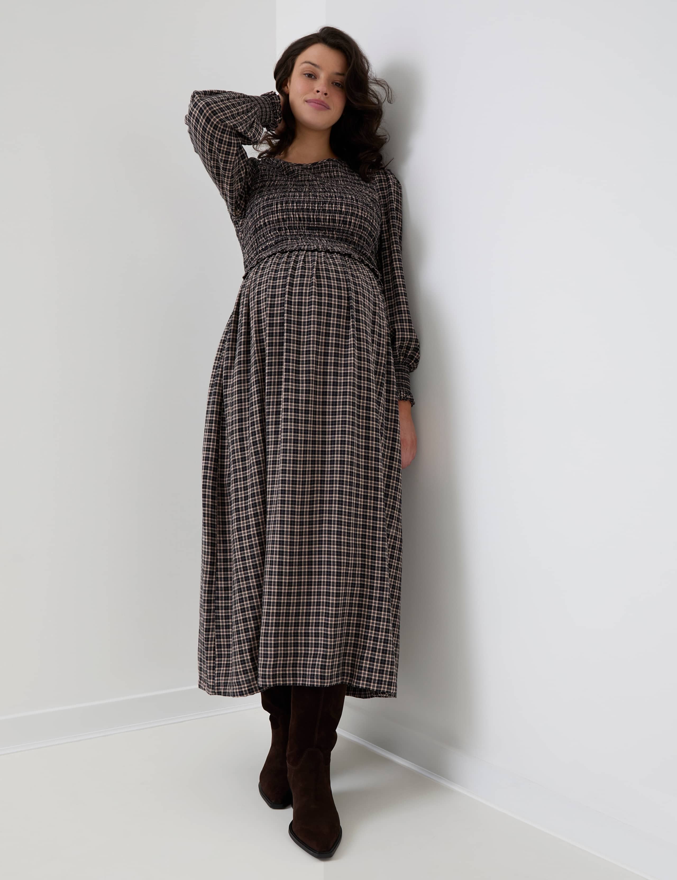 Maternity Long Sleeve Shirred Checked Midi Dress