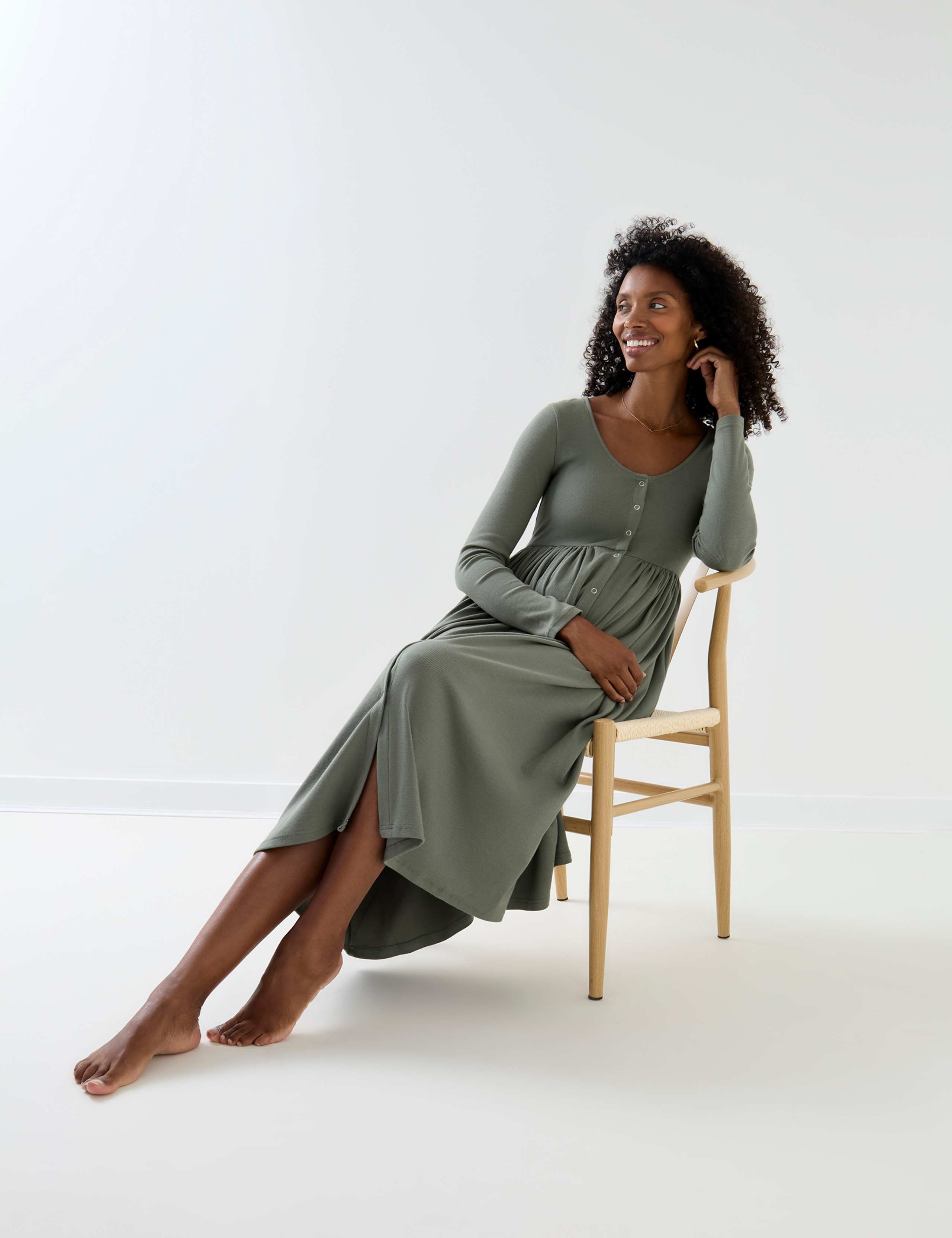 Maternity Ribbed Popper A-Line Midi Dress