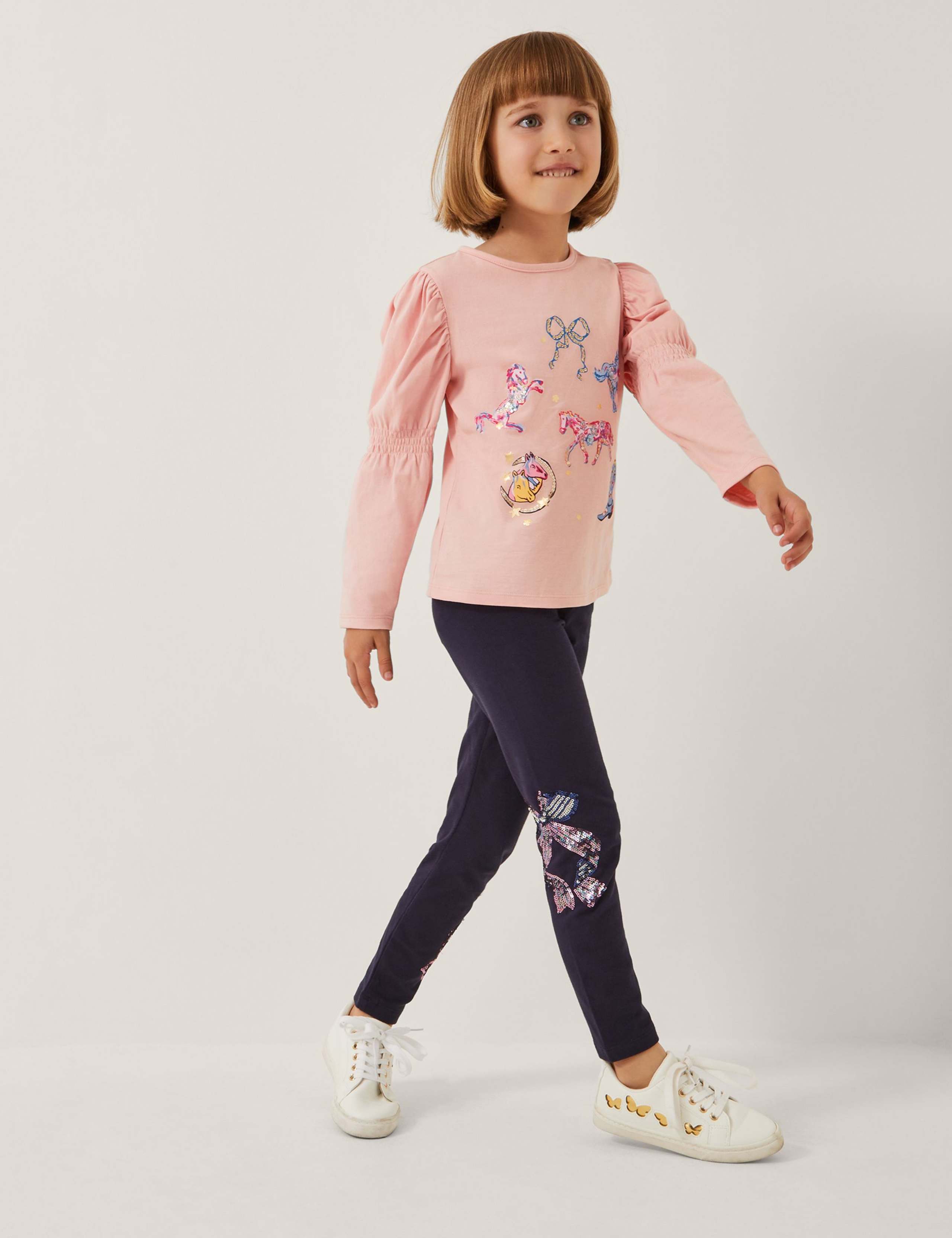 Cotton Rich Sequin Bow Embroidered Leggings (3-15 Yrs)
