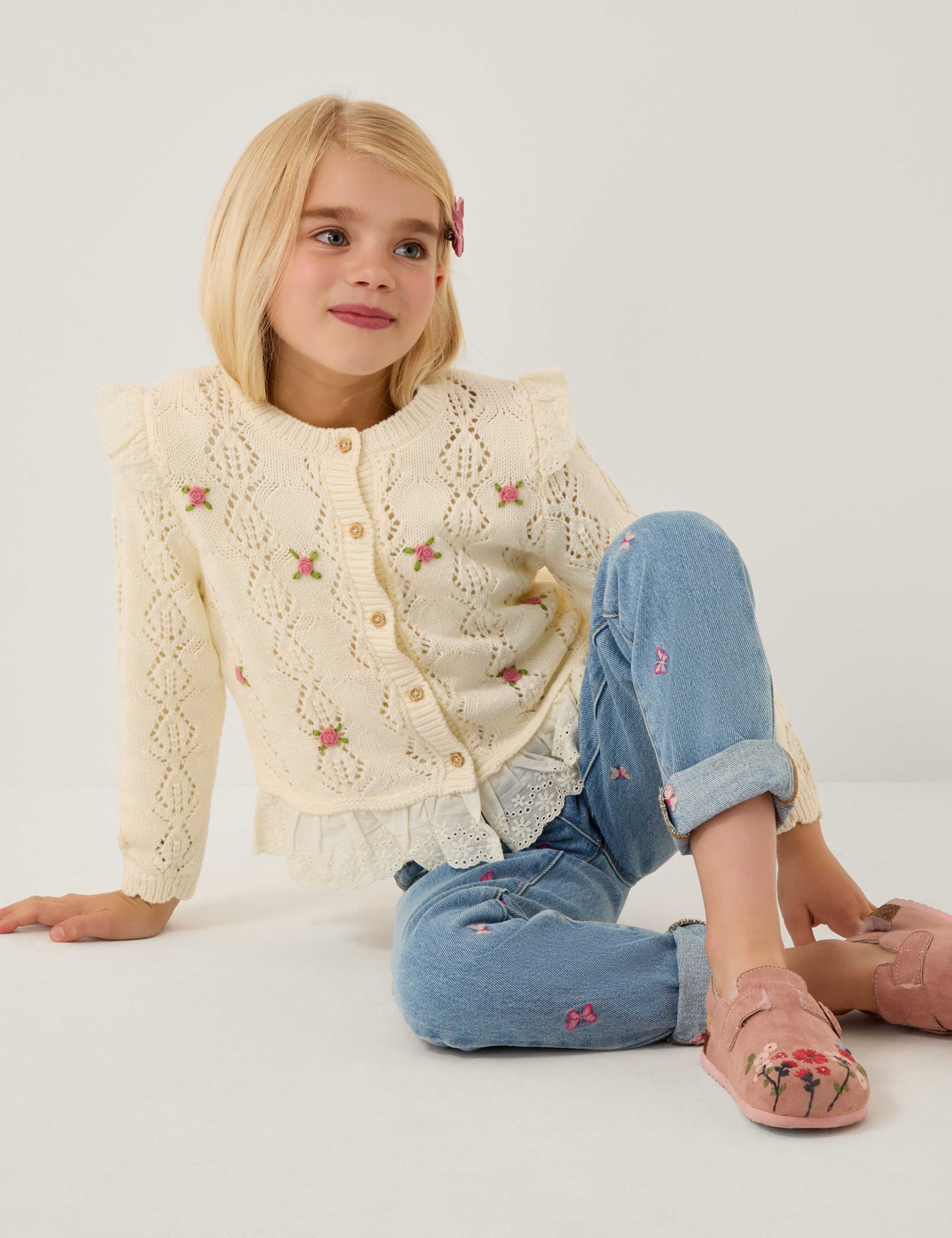 Cotton Rich Embroidered Frill Pointelle Cardigan (3-15 Years)