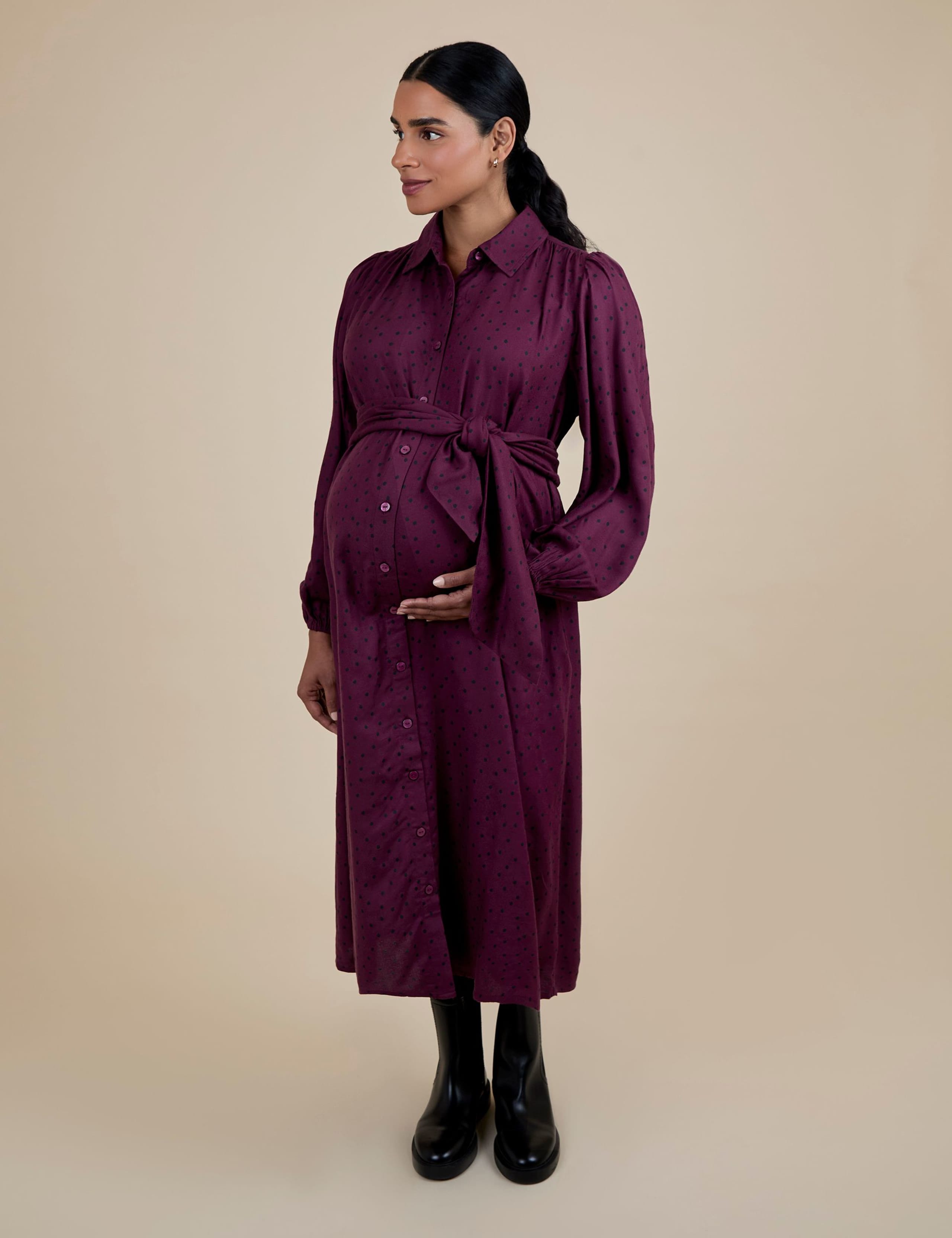 Maternity Polka Dot Collared Midi Shirt Dress