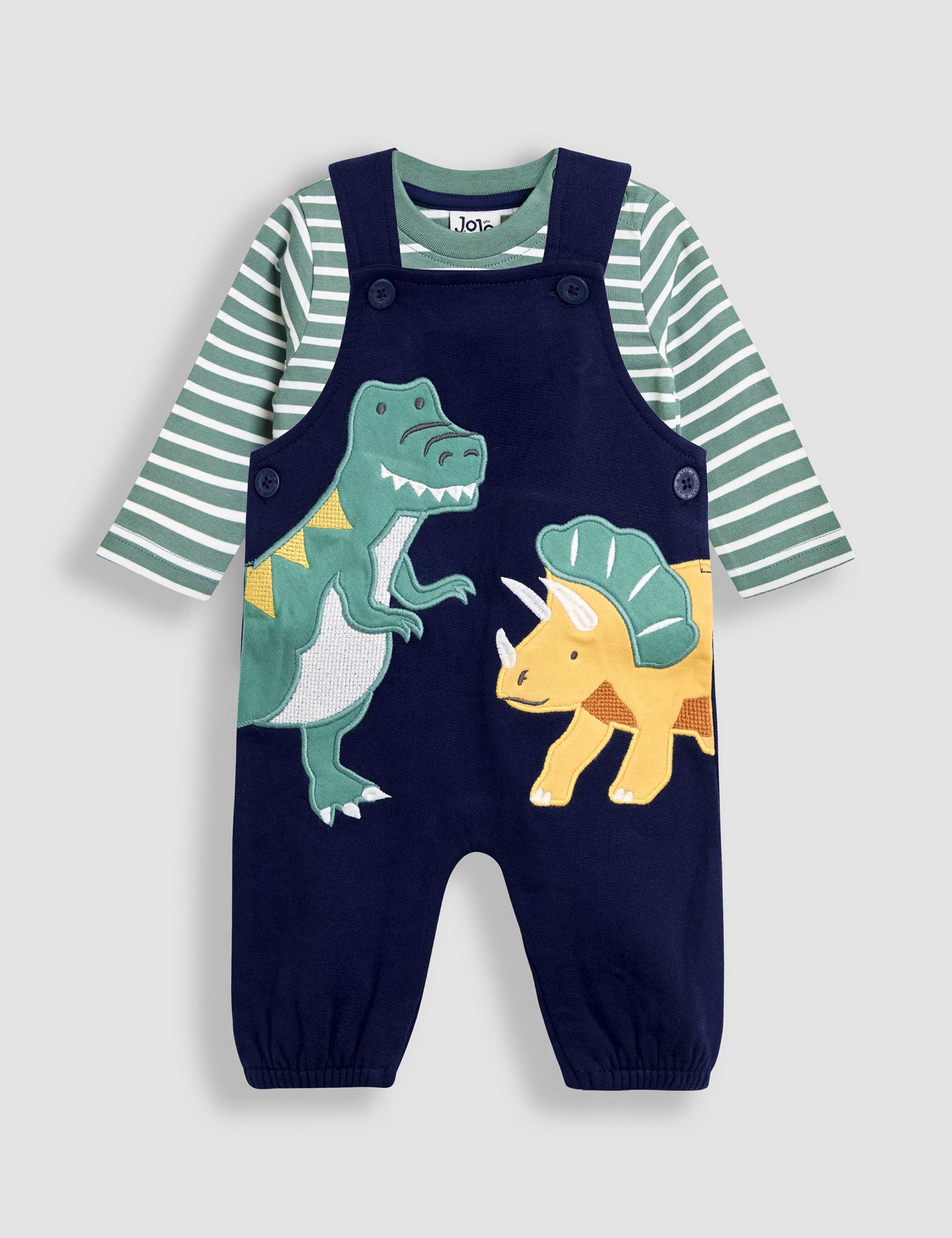 Pure Cotton 2pc Dinosaur Dungarees & Top Outfit (0-3 Yrs)