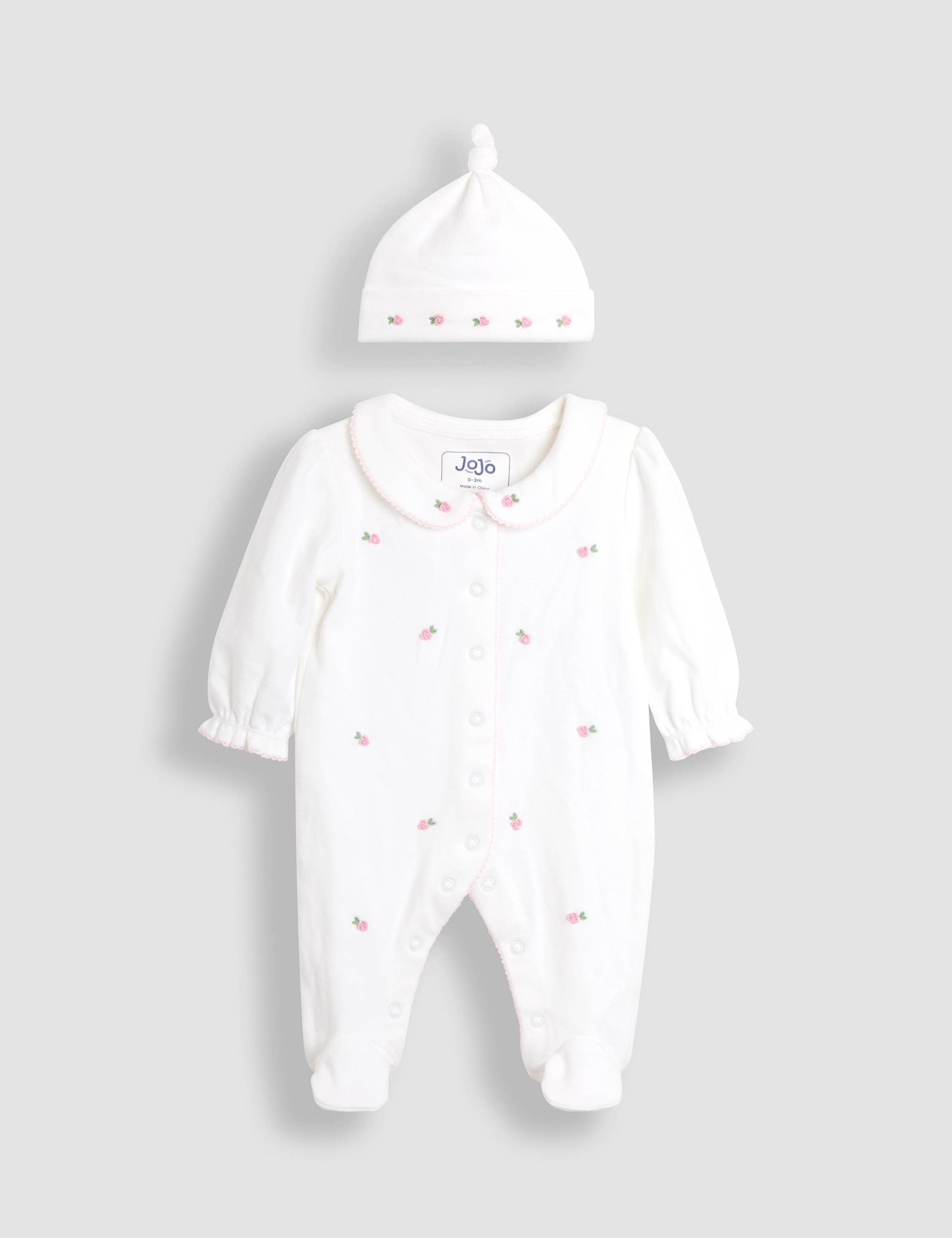 Pure Cotton Rosebud Sleepsuit and Hat Set (0-18 Mths)