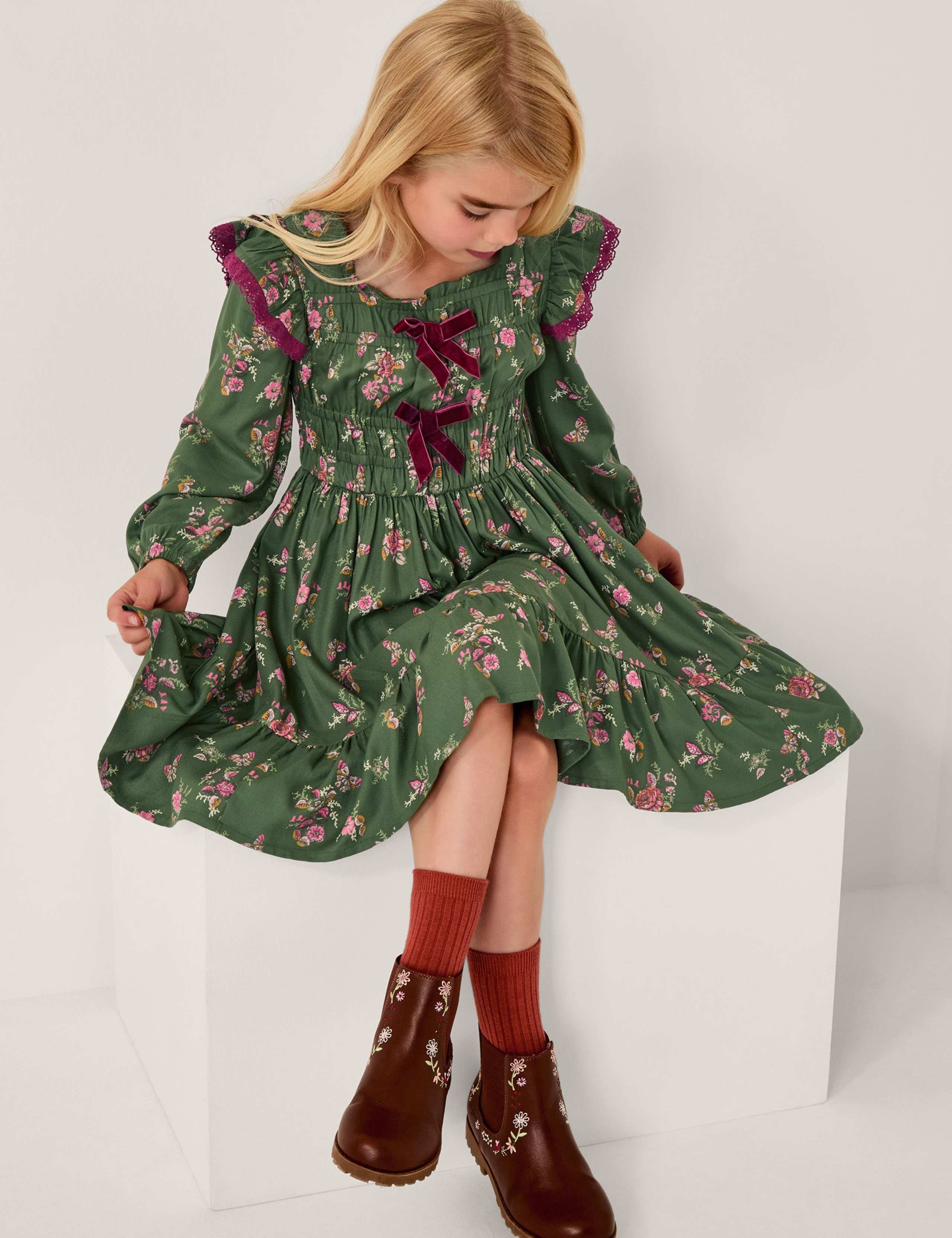Floral Butterfly Bow Shirred Dress (2-15 Yrs)