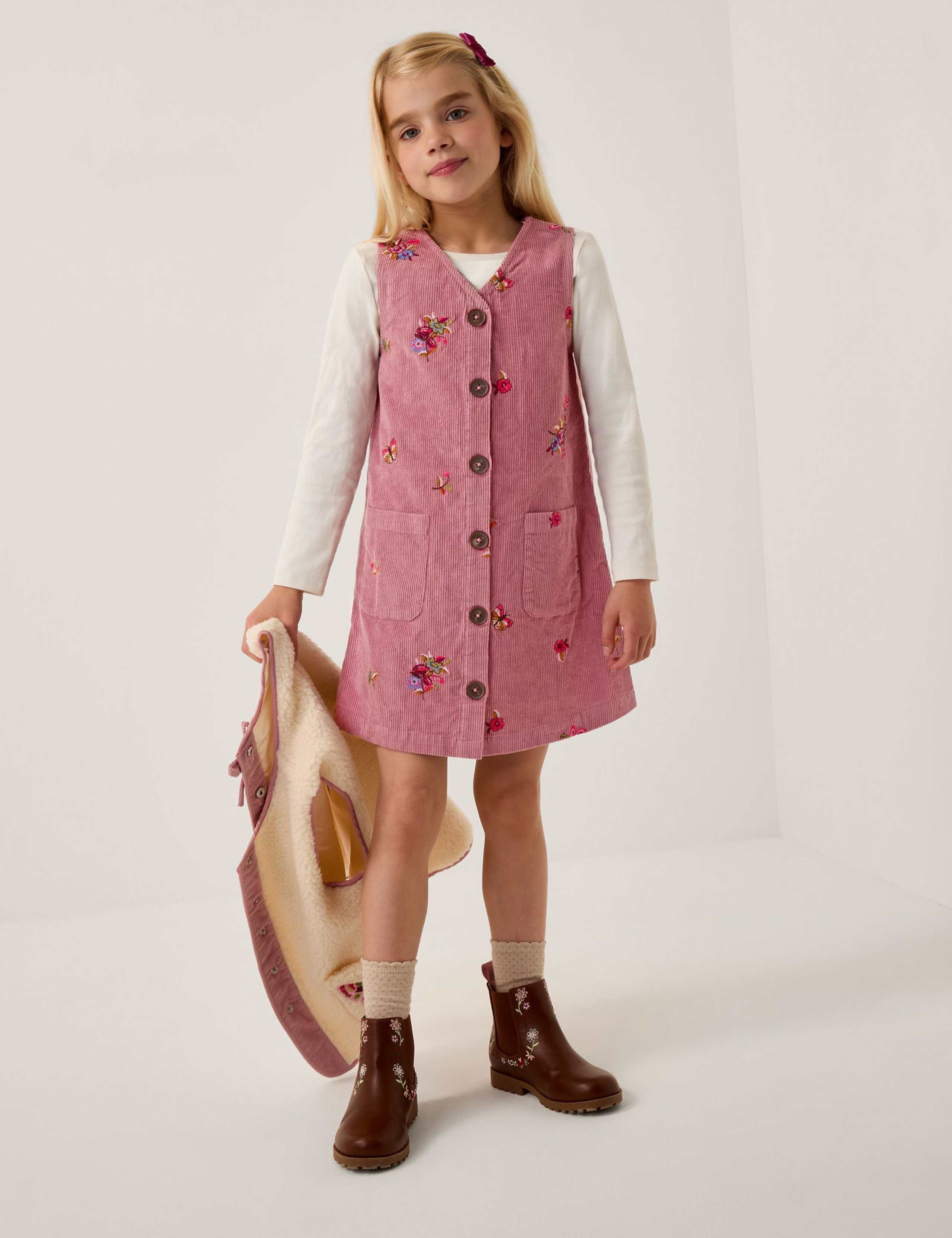 Pure Cotton Corduroy Embroidered Pinafore Dress (3-13 Yrs)