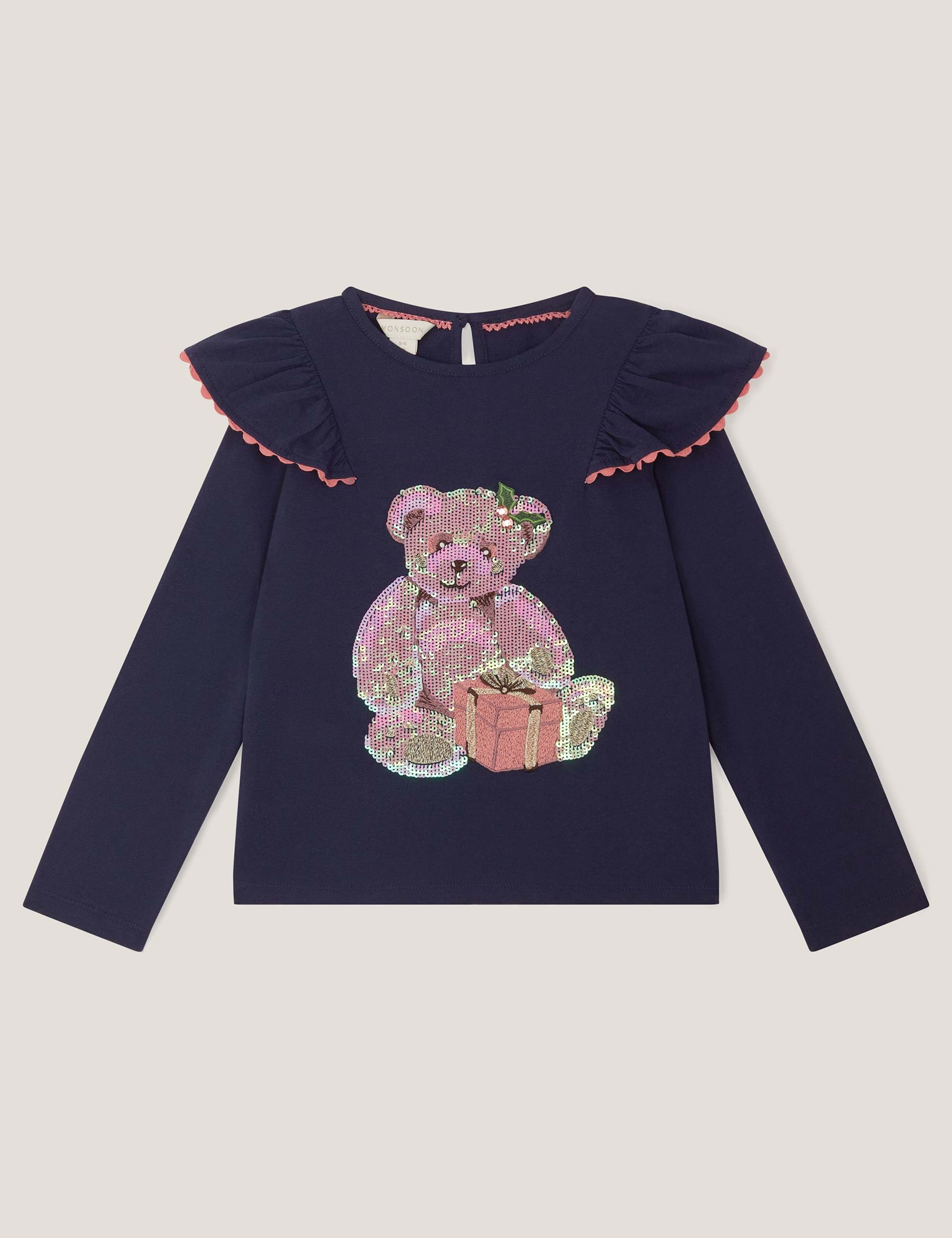 Pure Cotton Christmas Sequin Bear T-Shirt (3-13 Yrs)