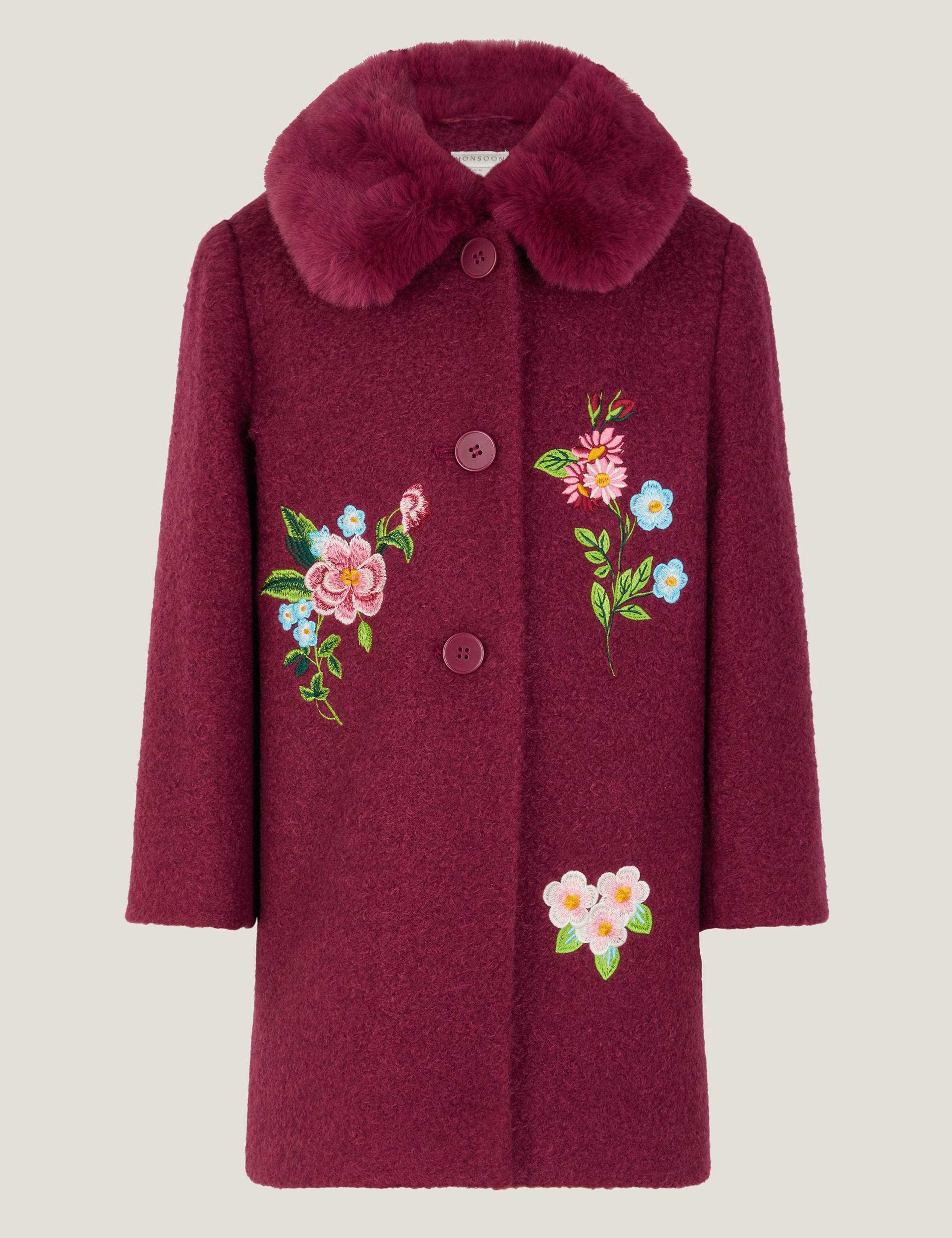 Embroidered Faux Fur Collar Boucle Coat (3-15 Yrs)