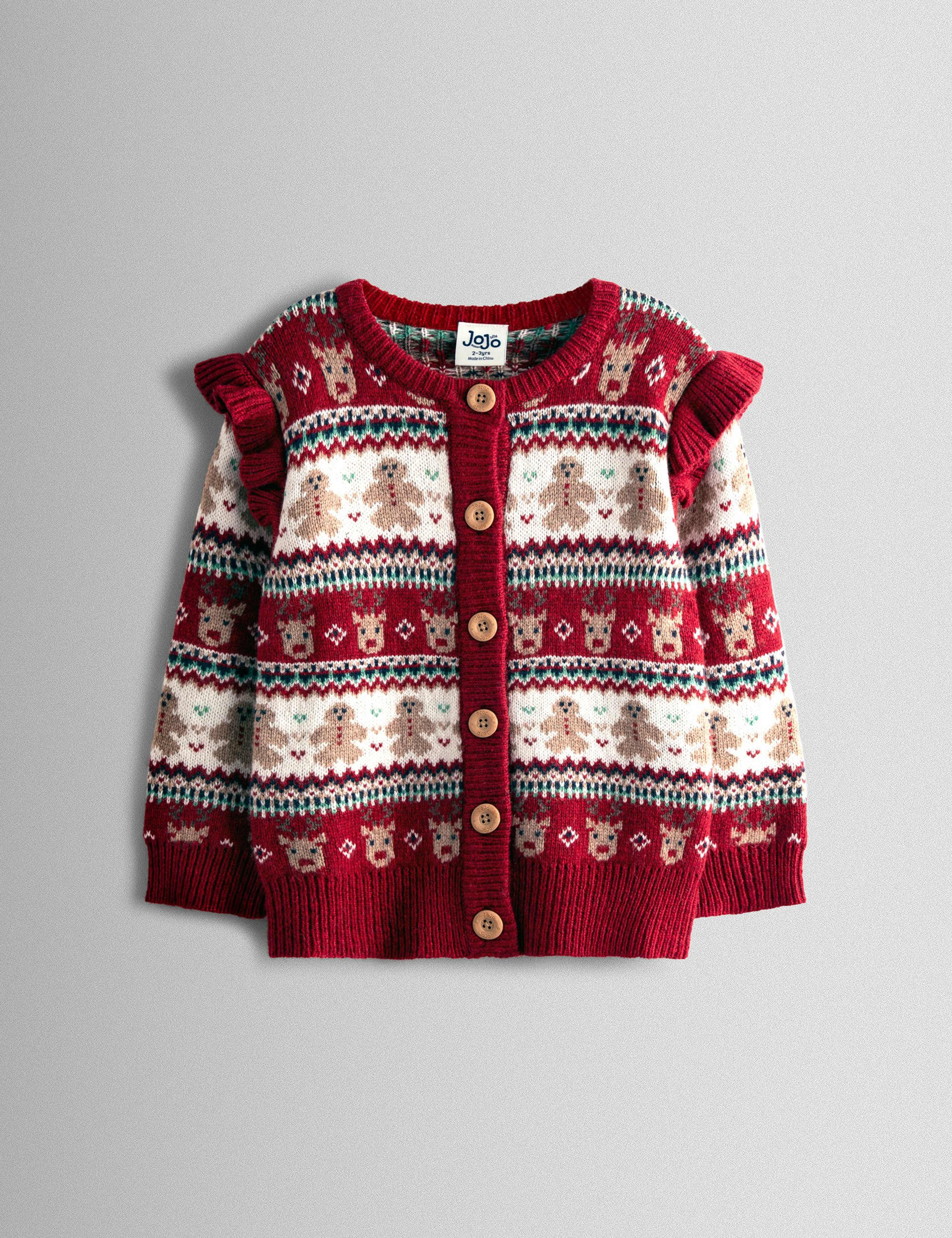Reindeer Fair Isle Frill Knitted Cardigan (6 Mths-7 Yrs)