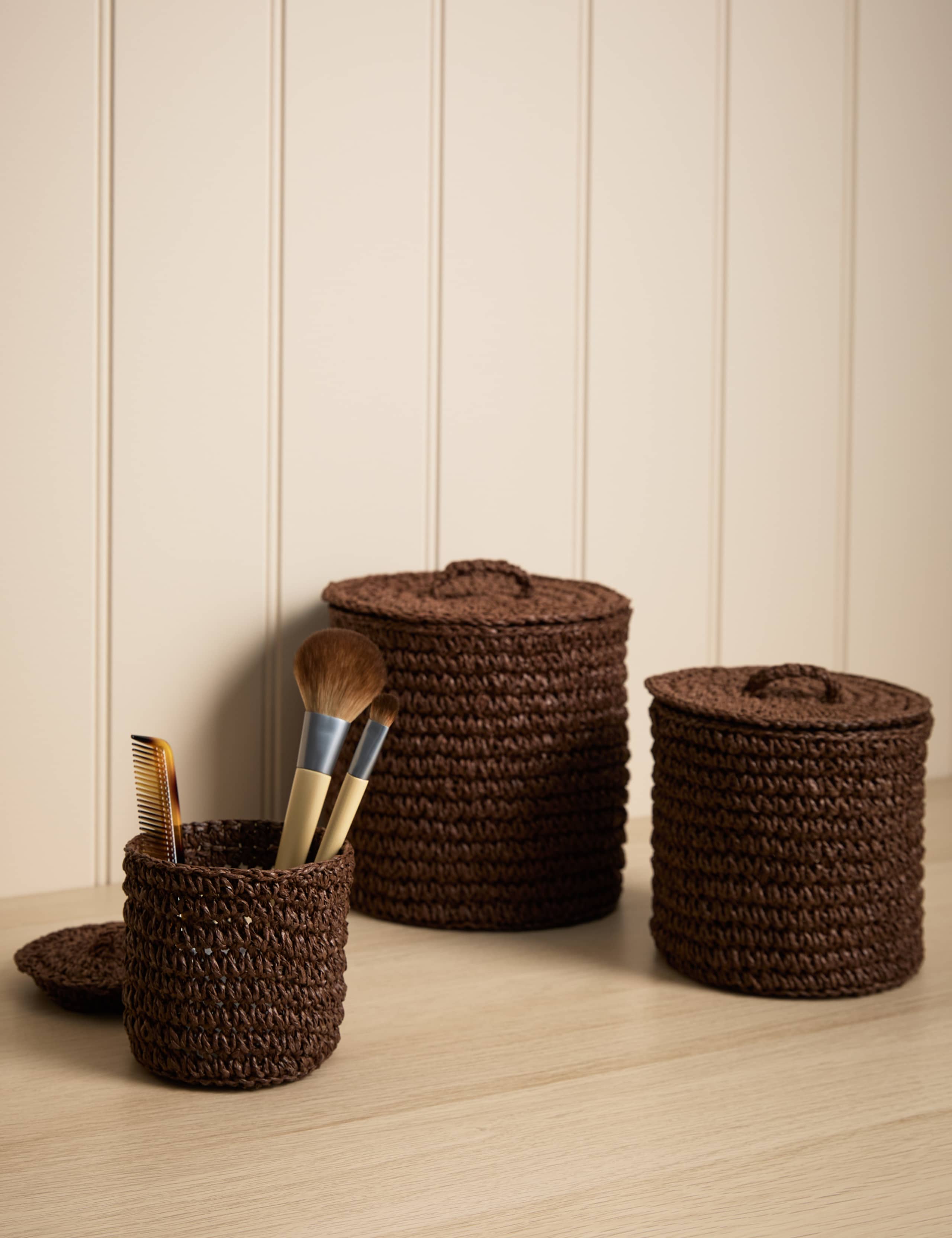 Set of 3 Raffia & Seagrass Small Lidded Pots