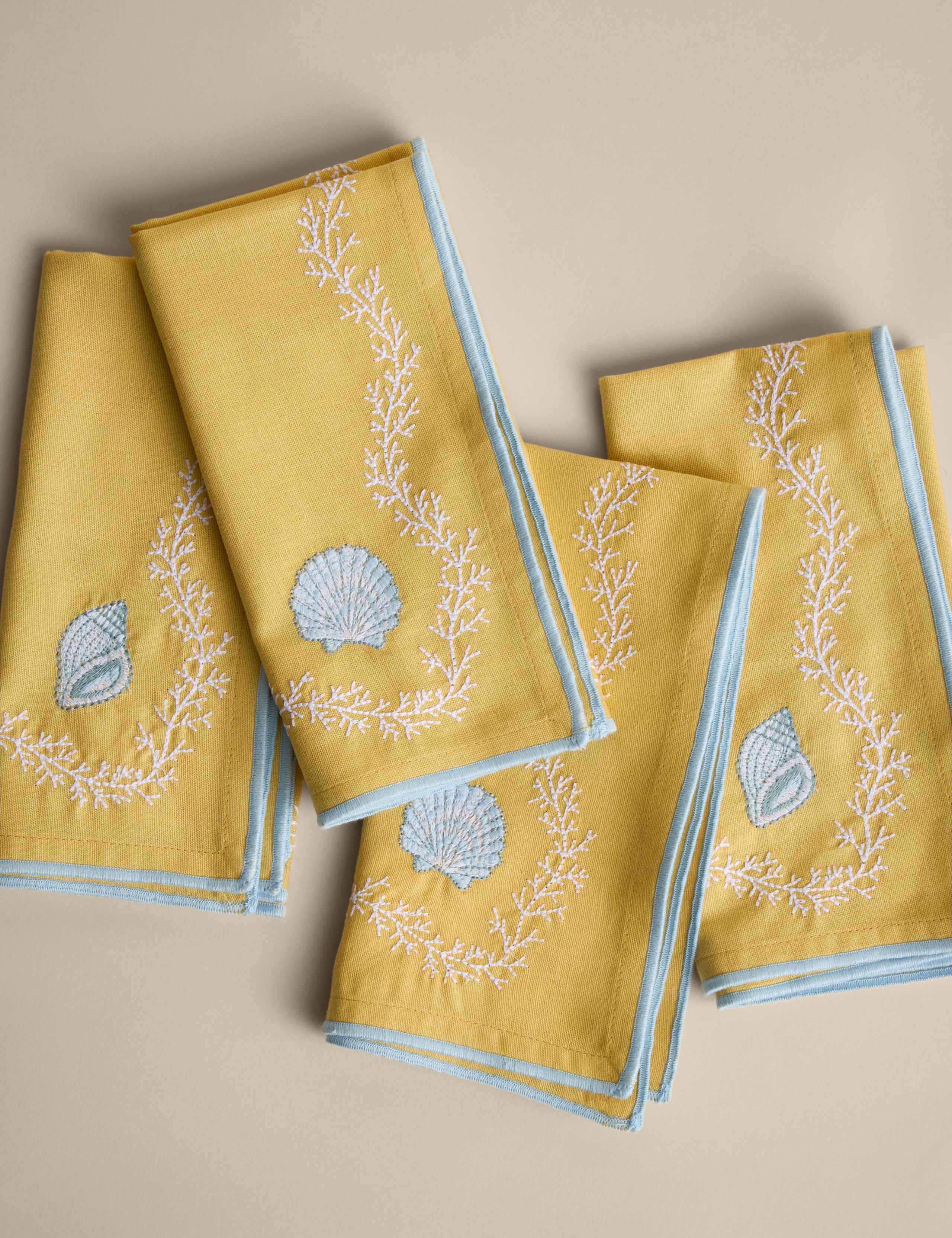 Set of 4 Cotton with Linen Coastal Embroidered Napkins