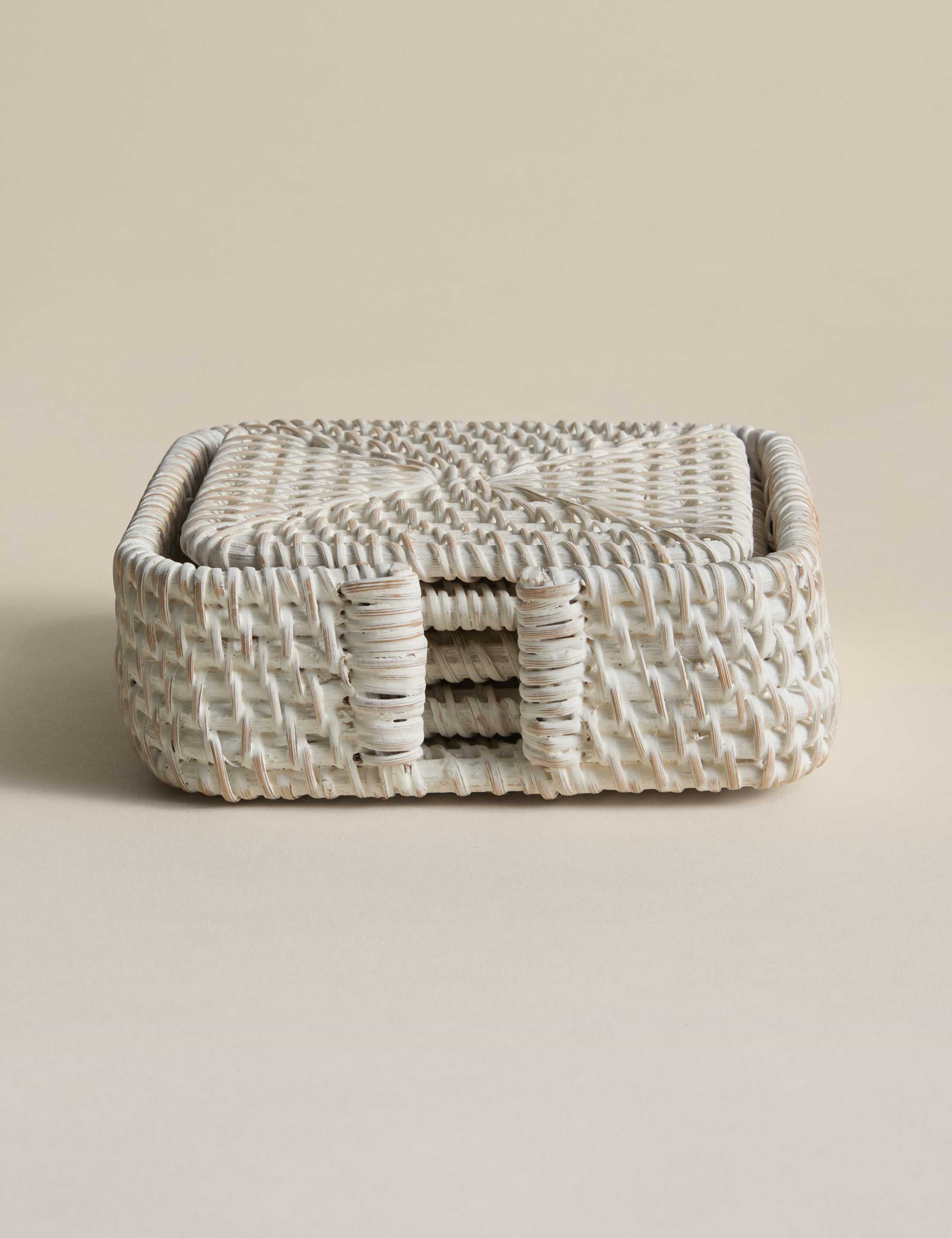 Set of 4 Rattan Washed Coasters with Holder
