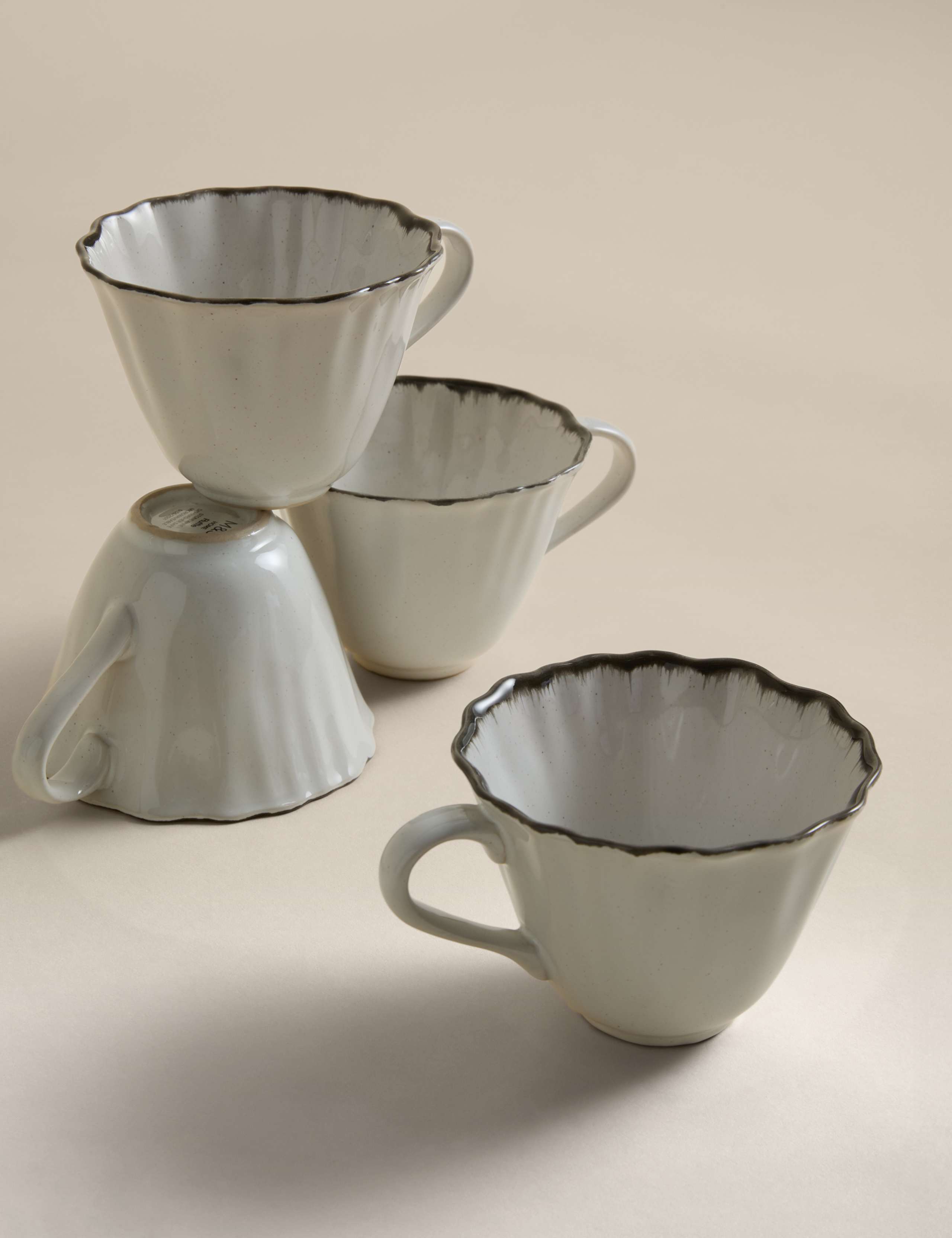 Set of 4 Ruffle Stoneware Cups & Saucers
