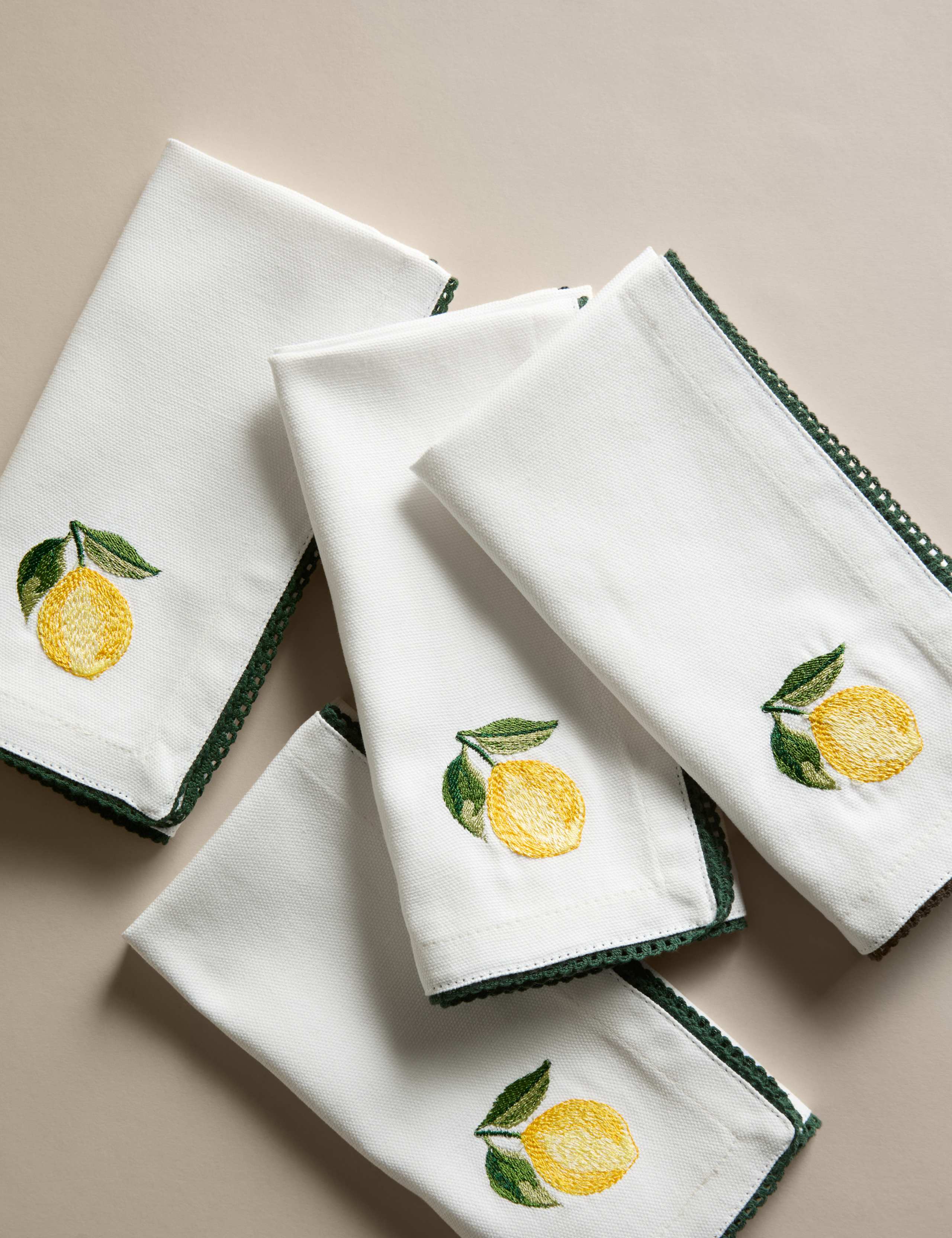 Set of 4 Pure Cotton Lemon Embroidered Napkins