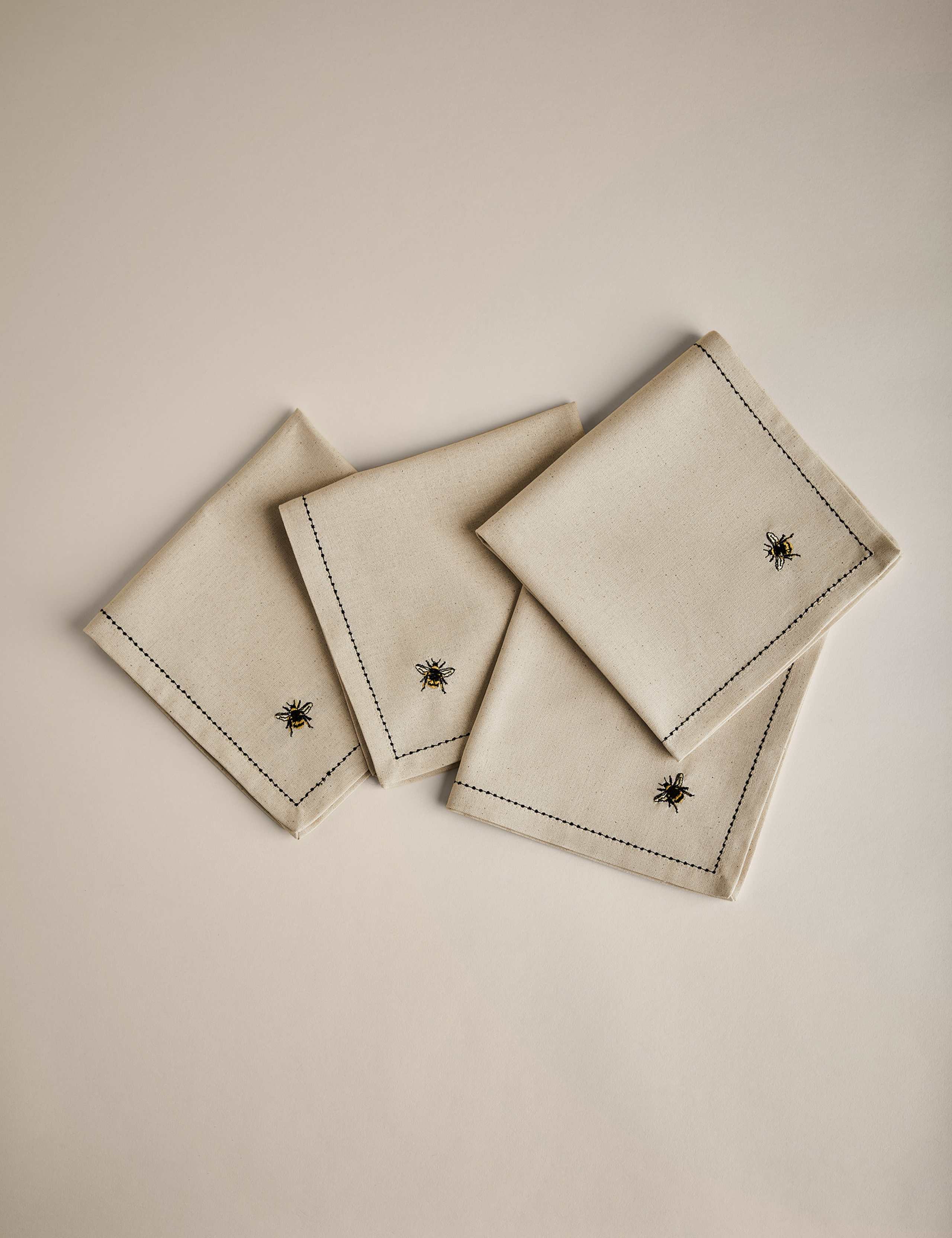 Set of 4 Embroidered Bee Cotton Napkins