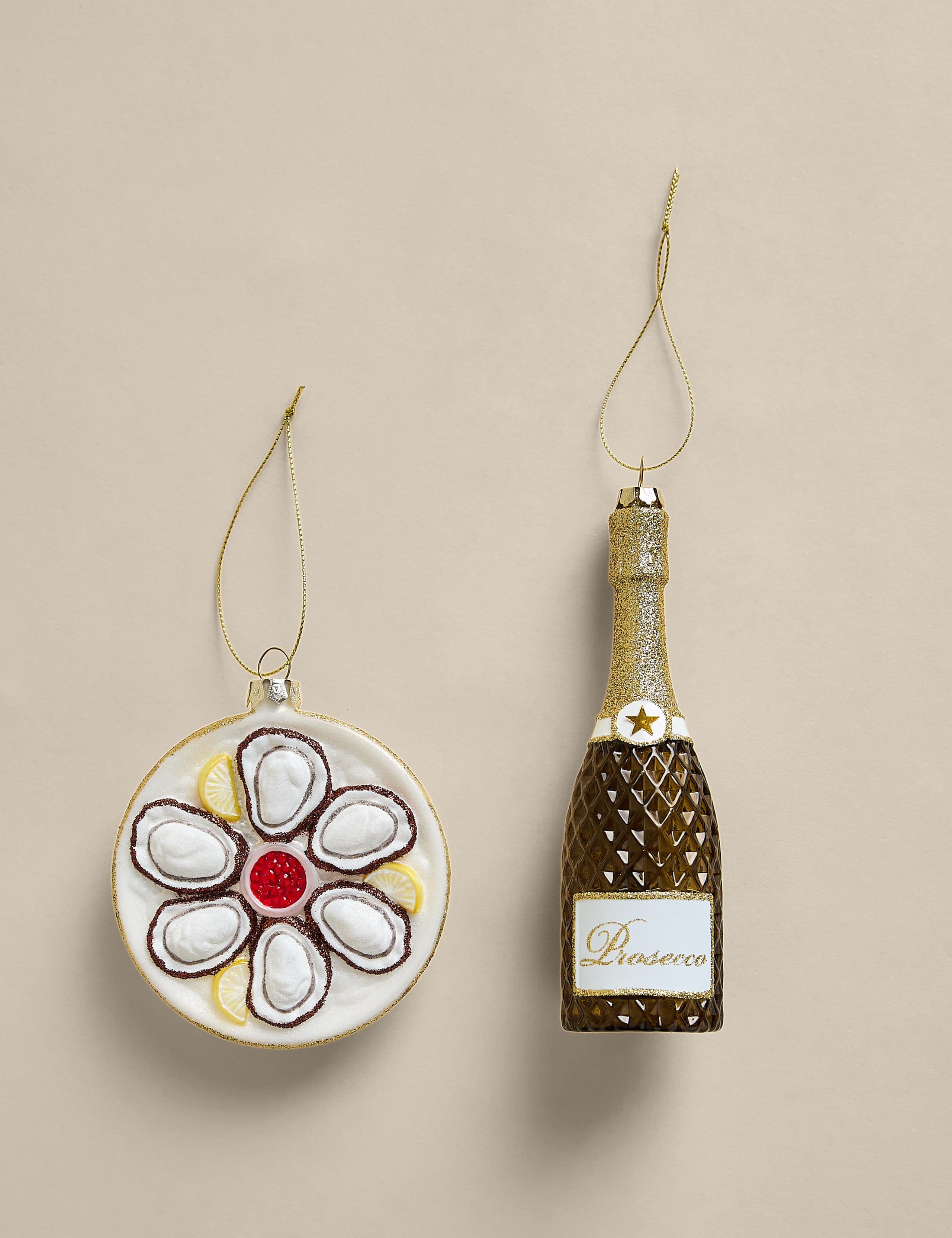 2 Pack Glitter Glass Oysters and Champagne Decoration