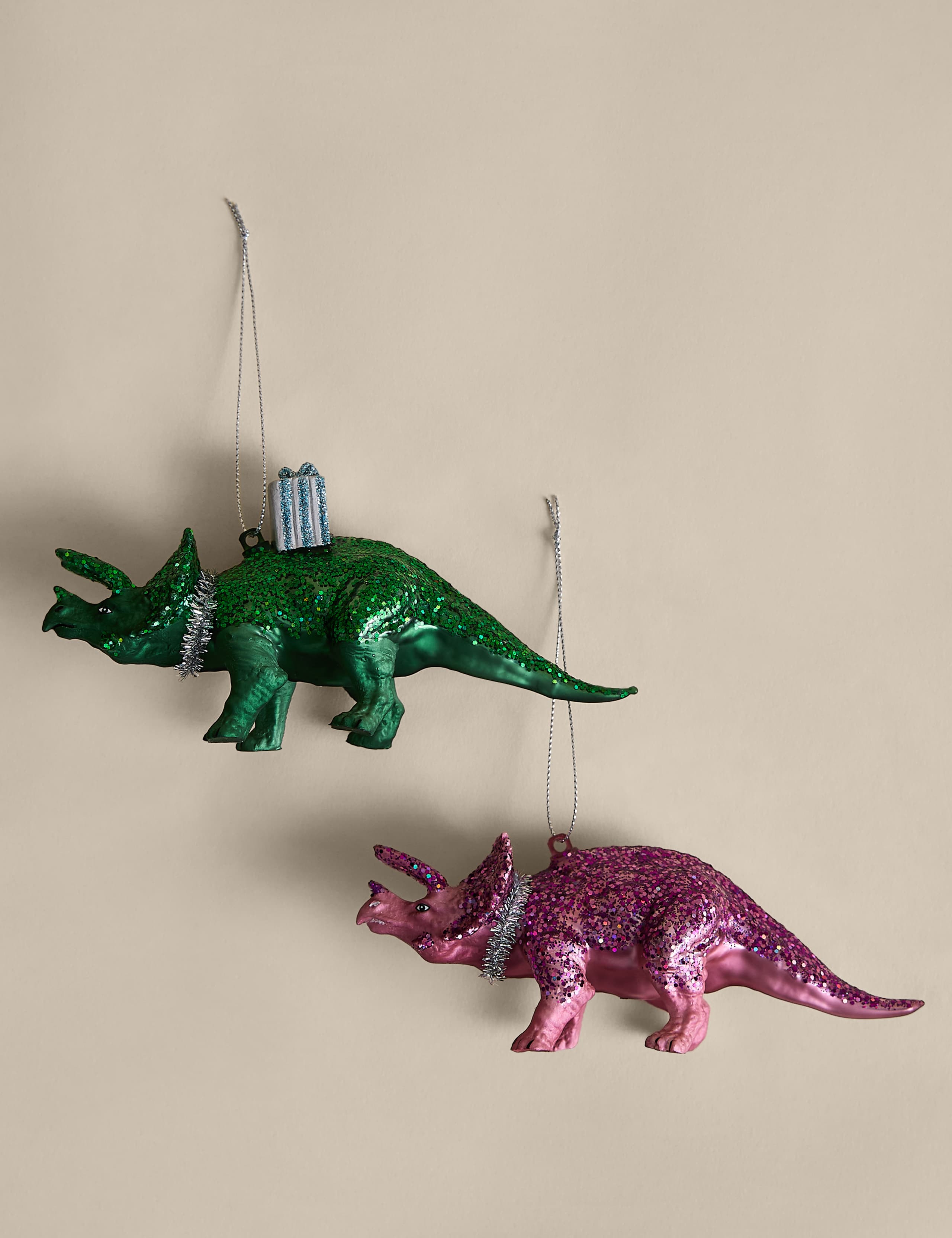 2 Pack Glitter Party Dinosaur Baubles