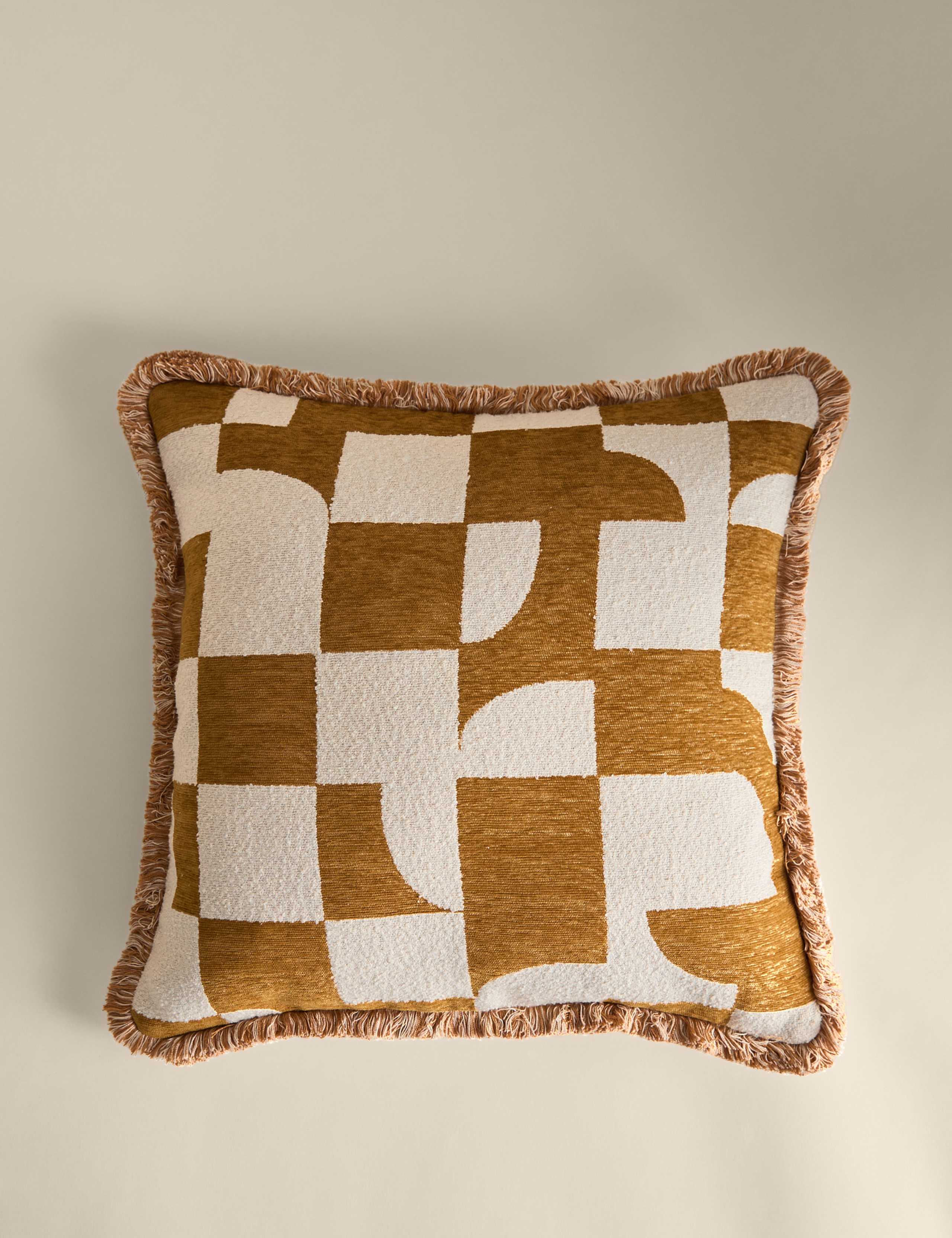 Chenille Geometric Jacquard Fringed Cushion