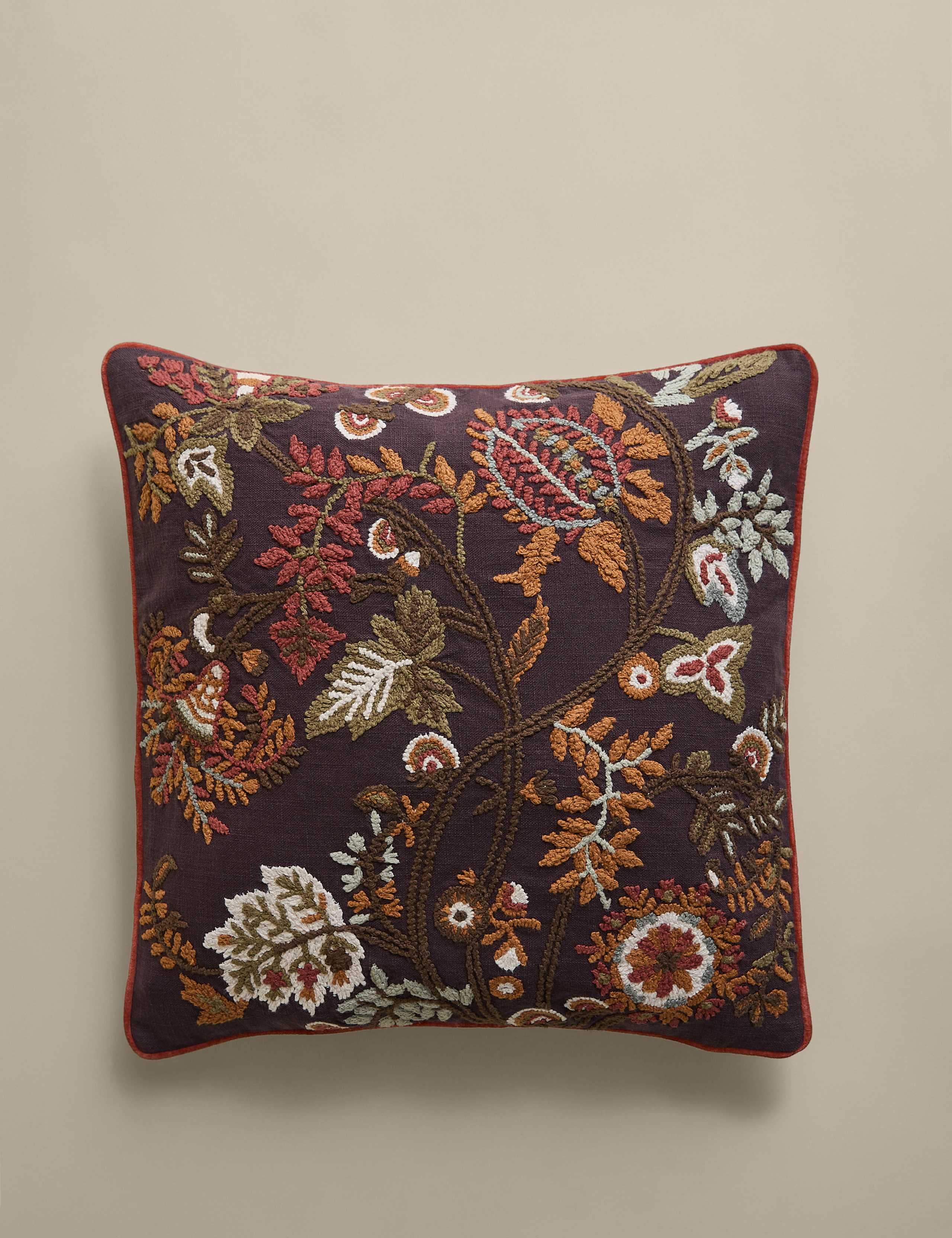 Pure Cotton Embroidered Floral Cushion