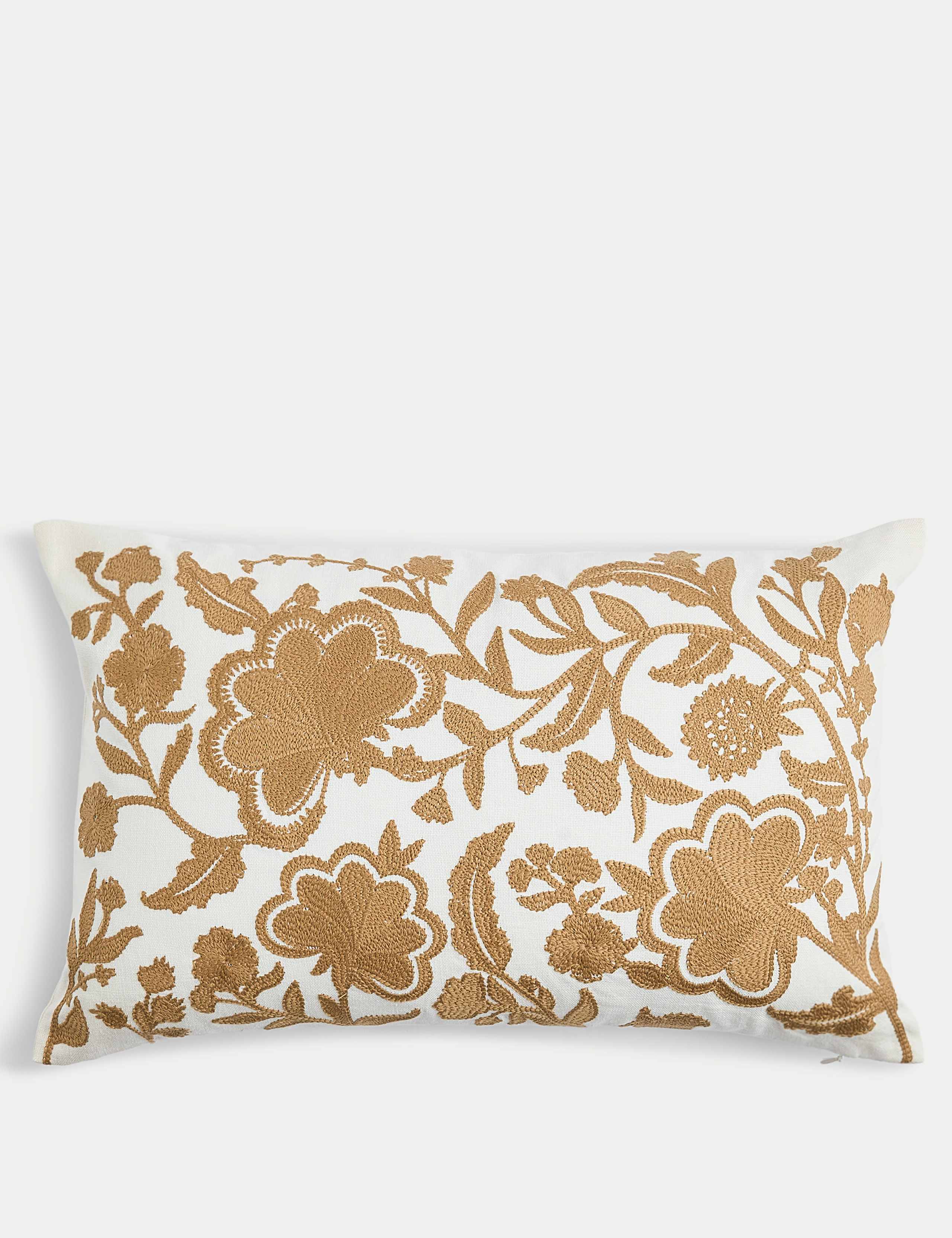 Linen Blend Floral Embroidered Bolster Cushion