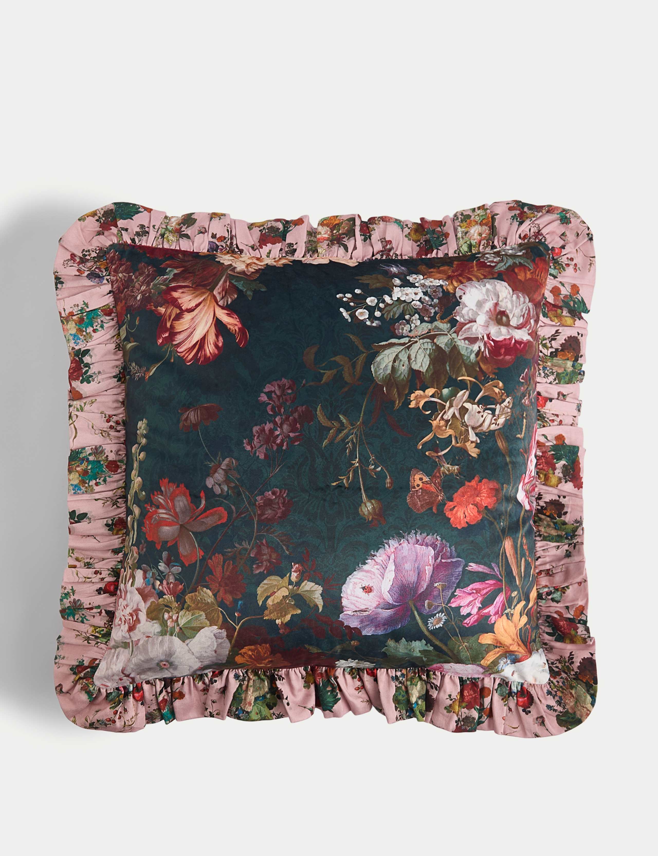 Velvet Floral Ruffle Trim Cushion