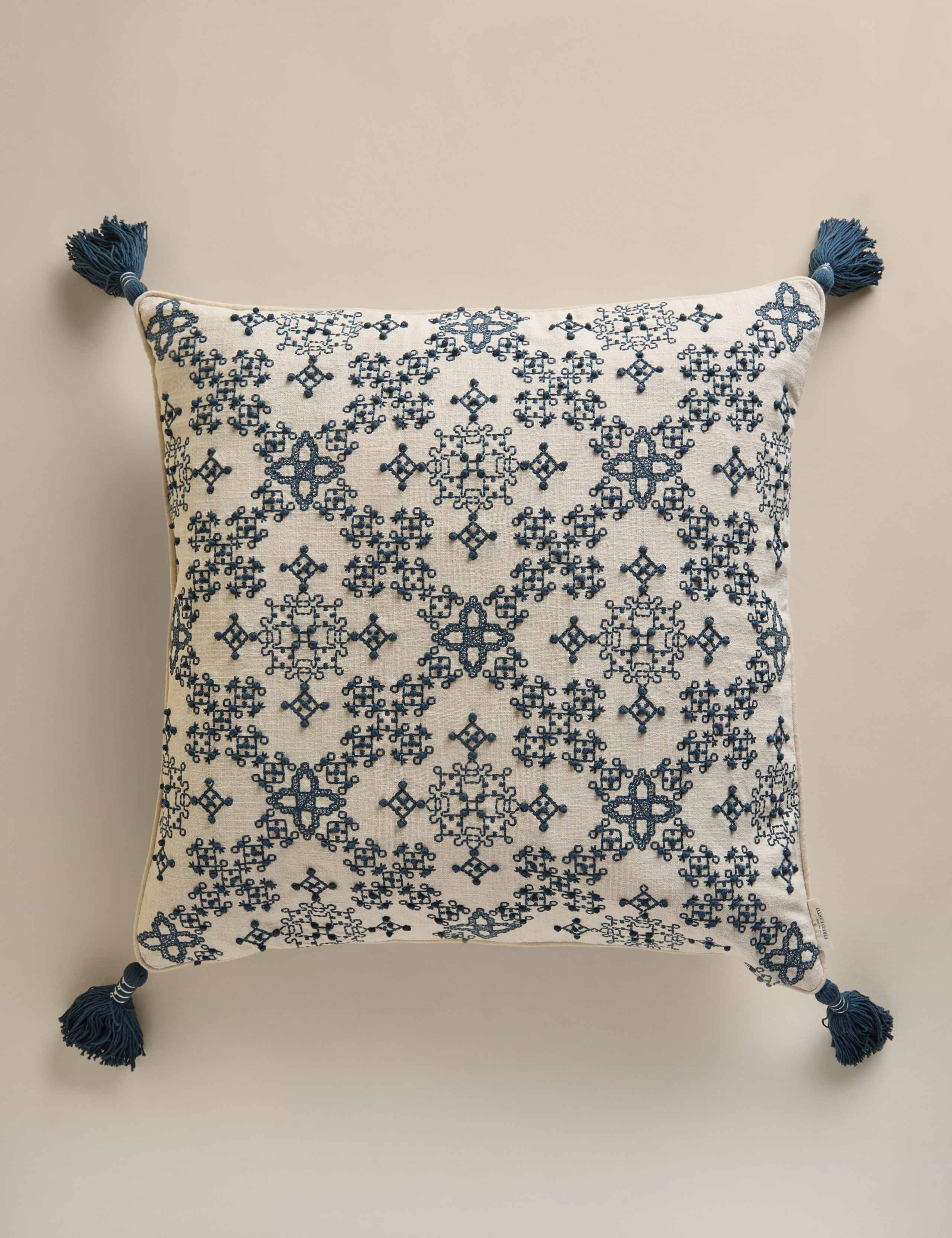 Pure Cotton Embroidered Tassel Cushion