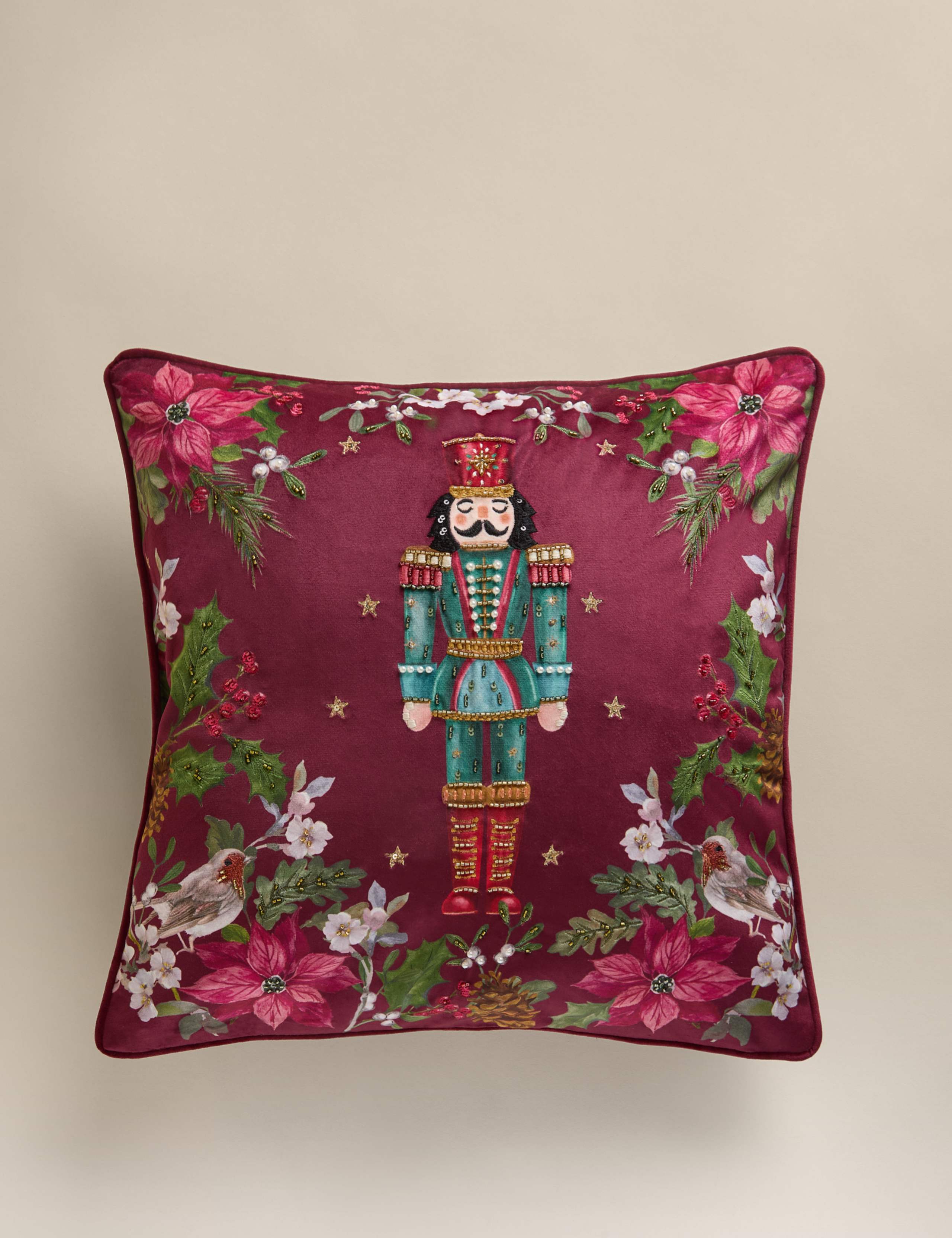 Velvet Nutcracker Embellished Cushion
