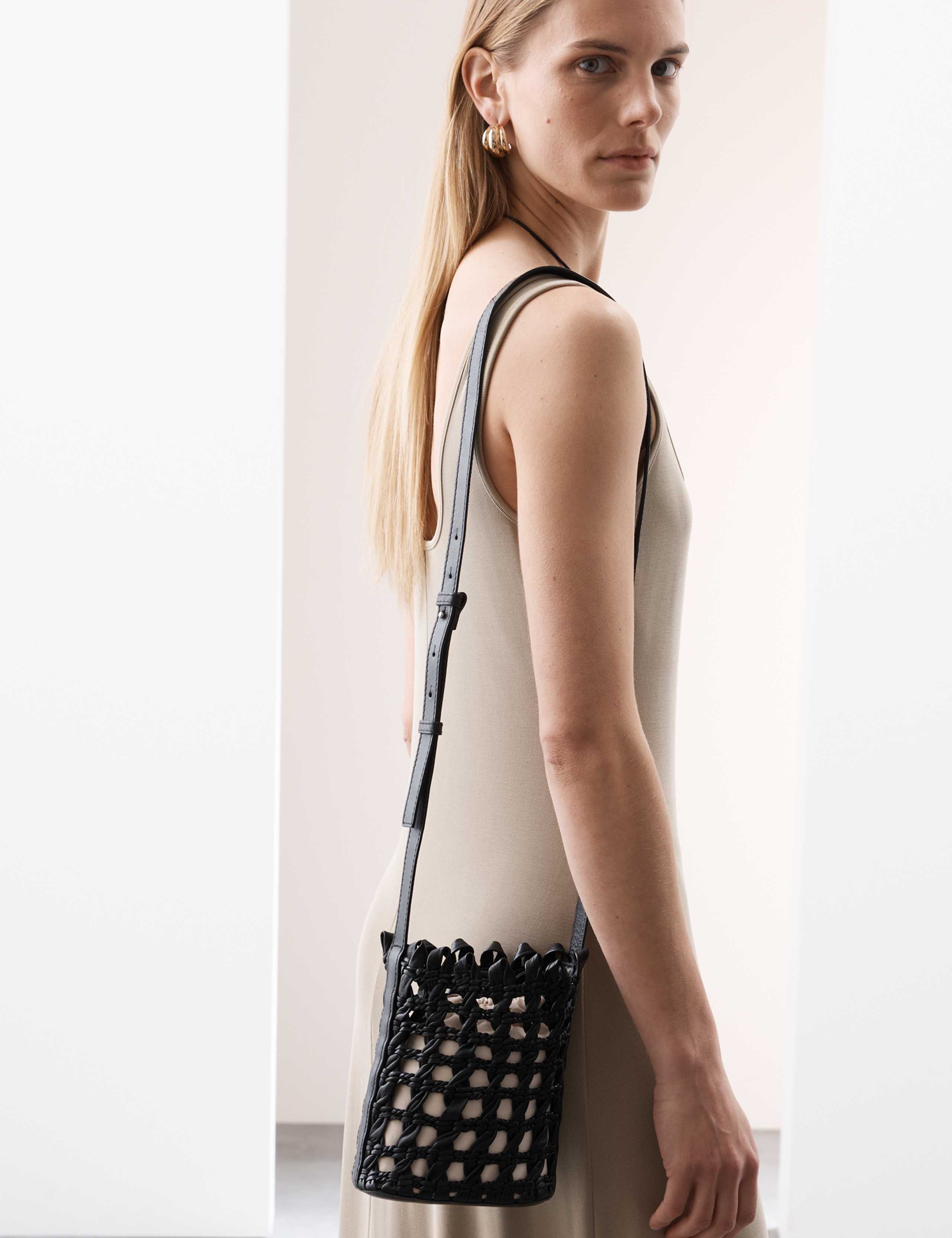 Pure Leather Woven Cross Body Bag