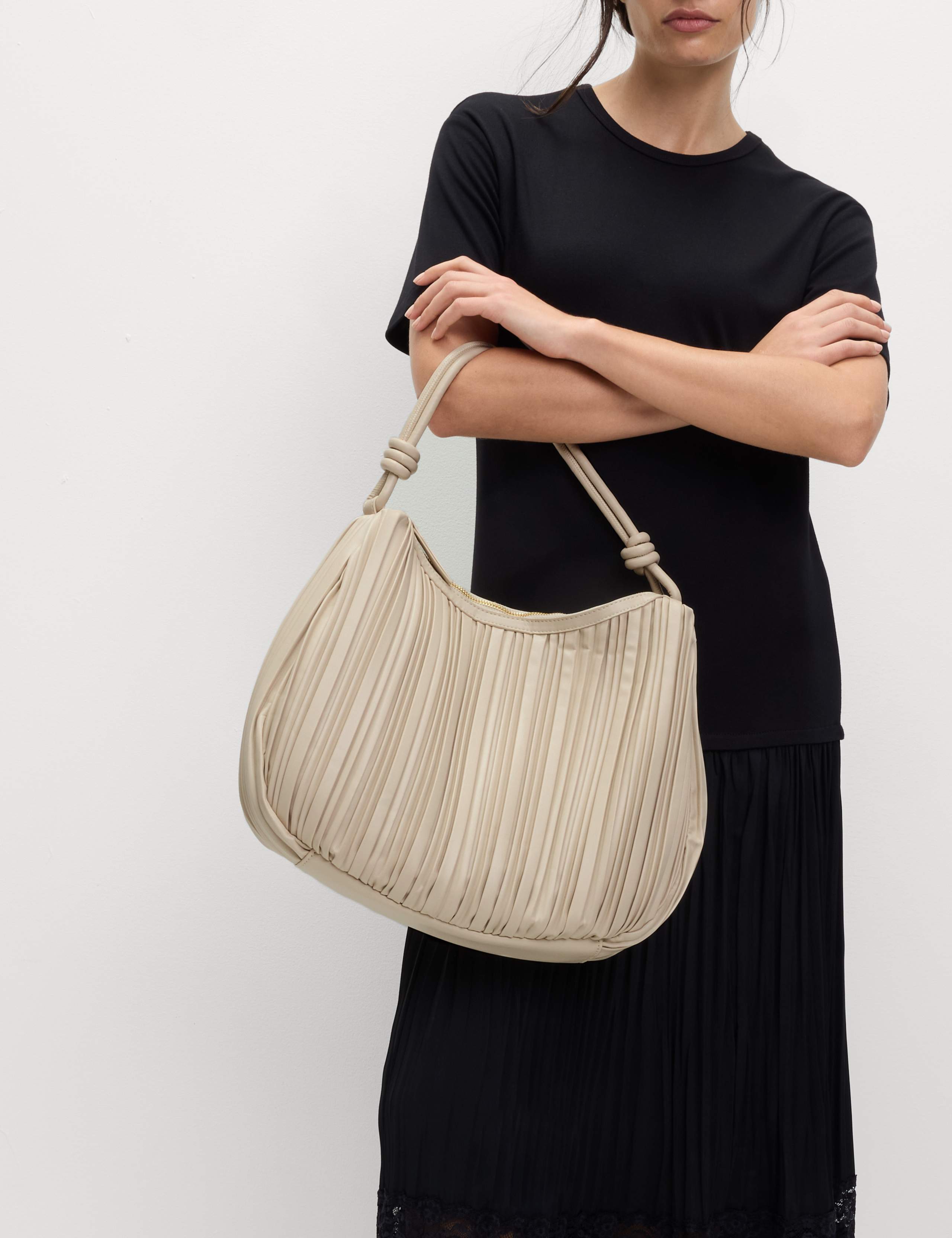 Faux Leather Pleated Top Handle Shoulder Bag