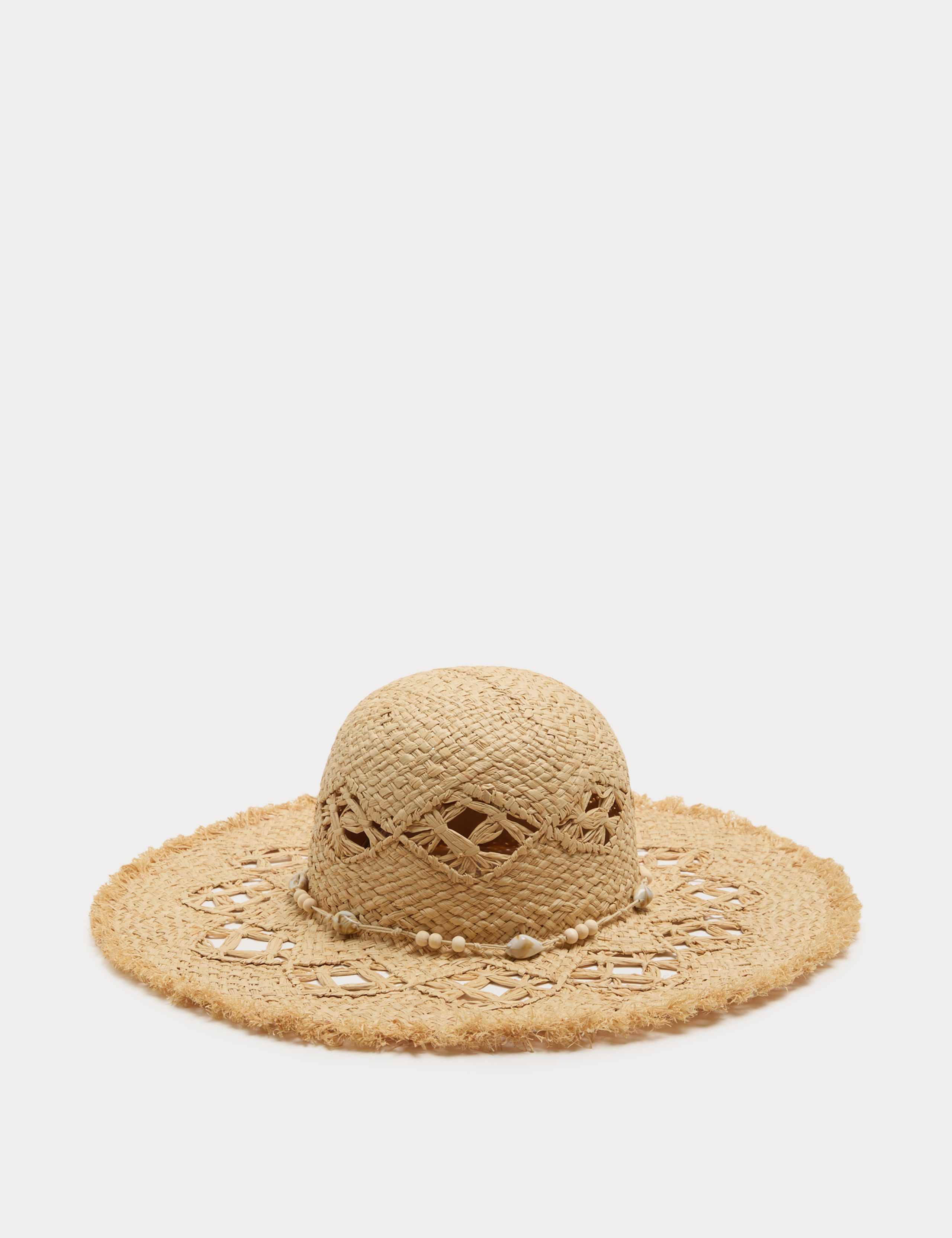 Straw Shell Detail Fringed Hat
