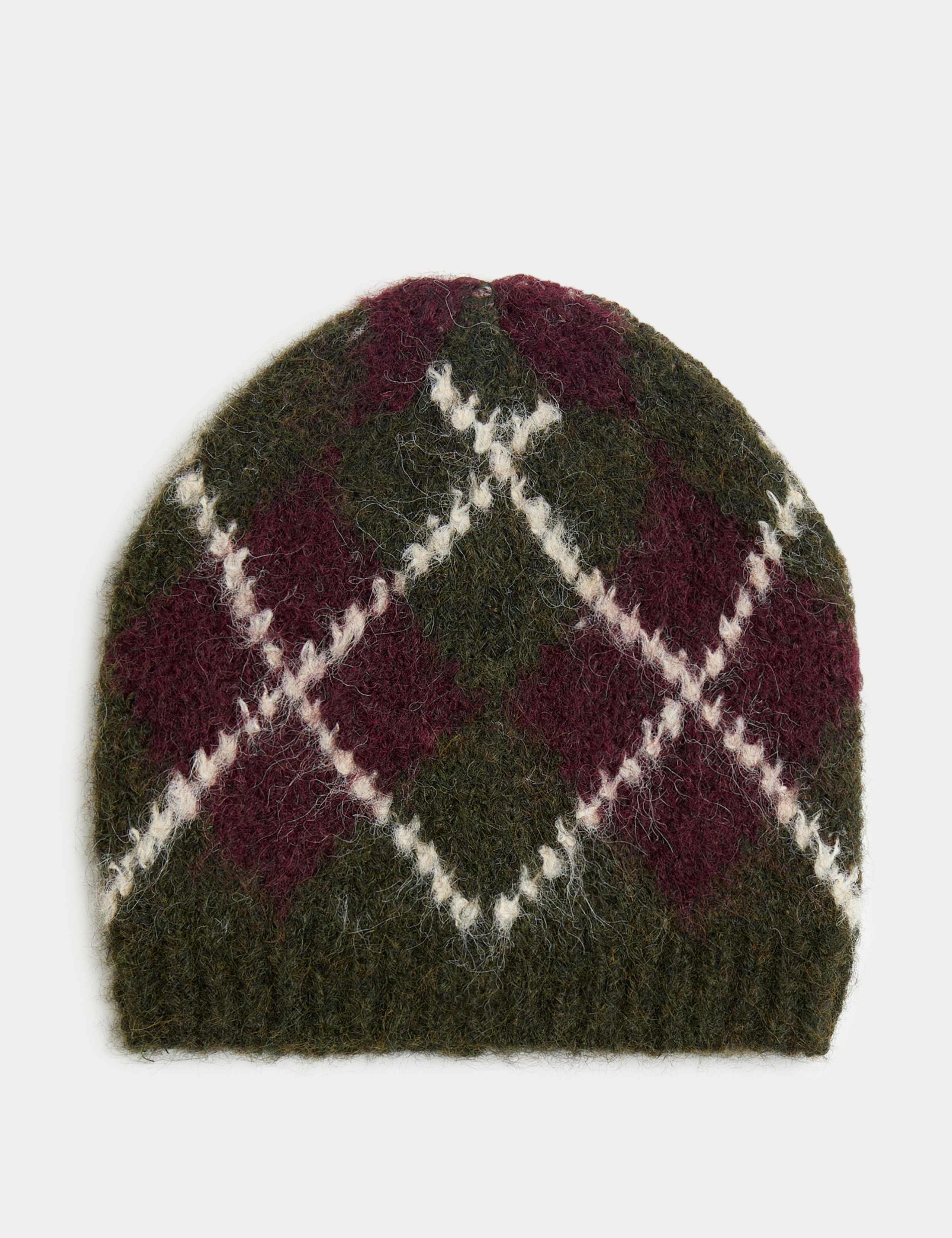 Fluffy Knitted Argyle Beanie Hat with Wool