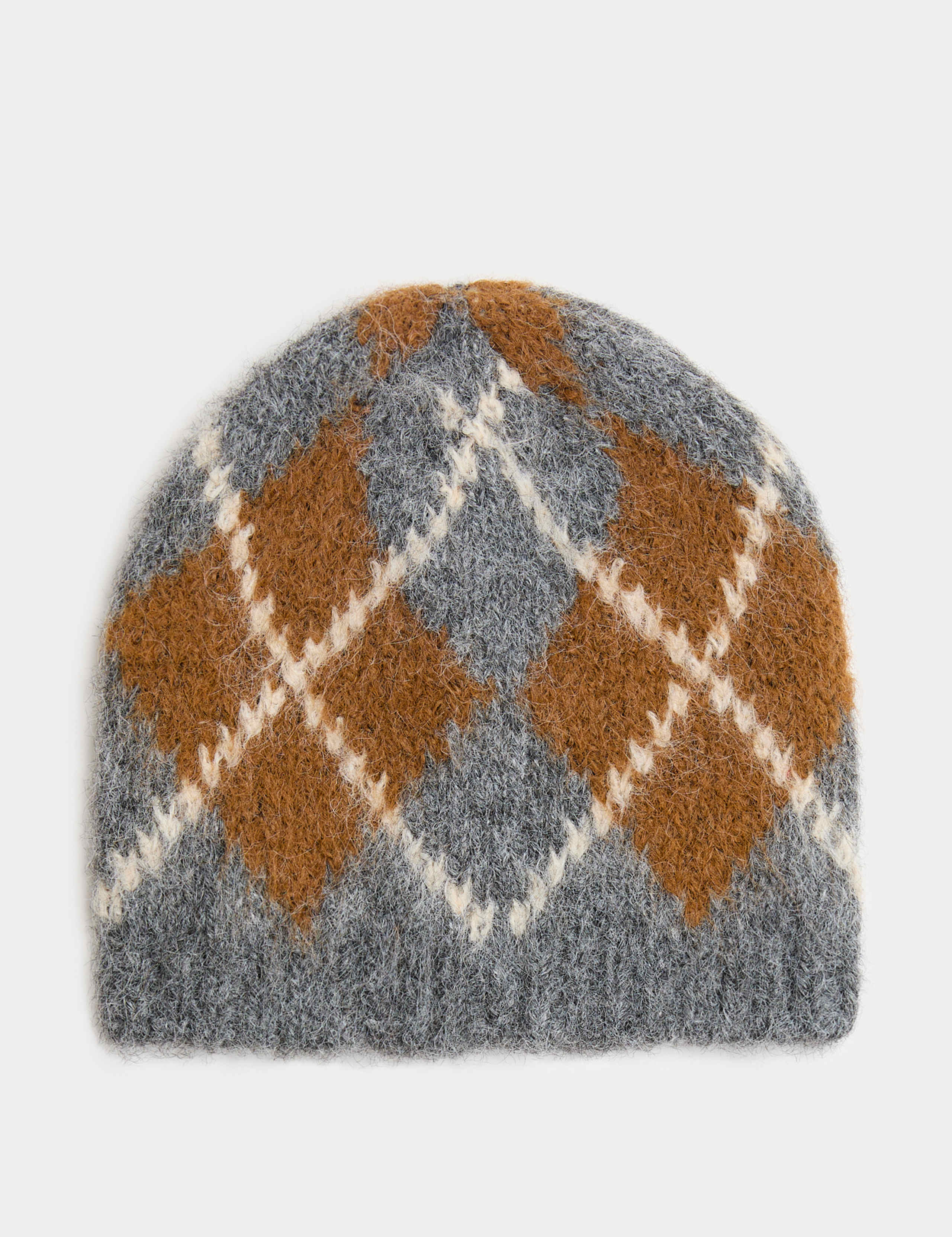 Fluffy Knitted Argyle Beanie Hat with Wool