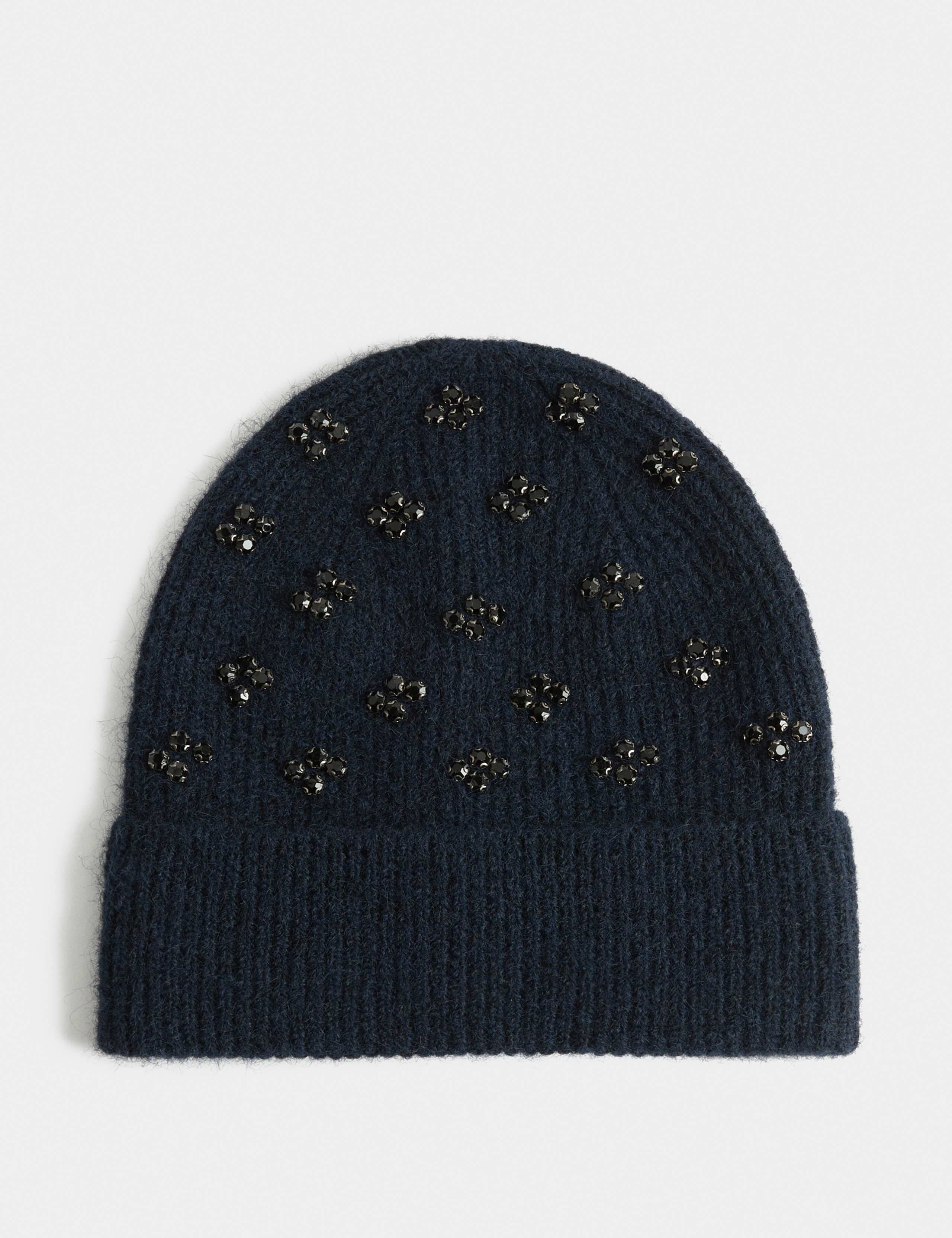Knitted Embellished Beanie Hat with Wool