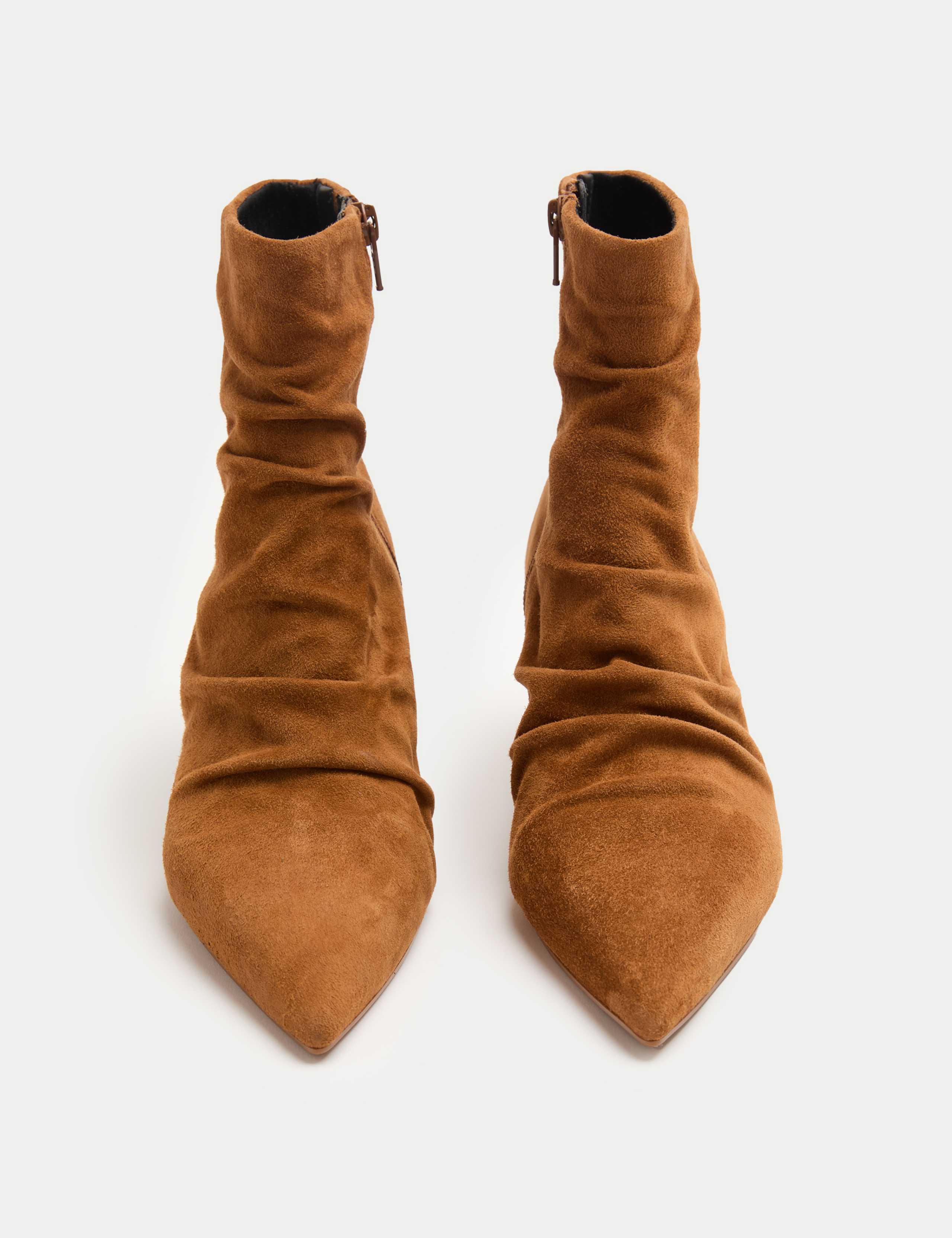 Suede Ruched Kitten Heel Pointed Ankle Boots