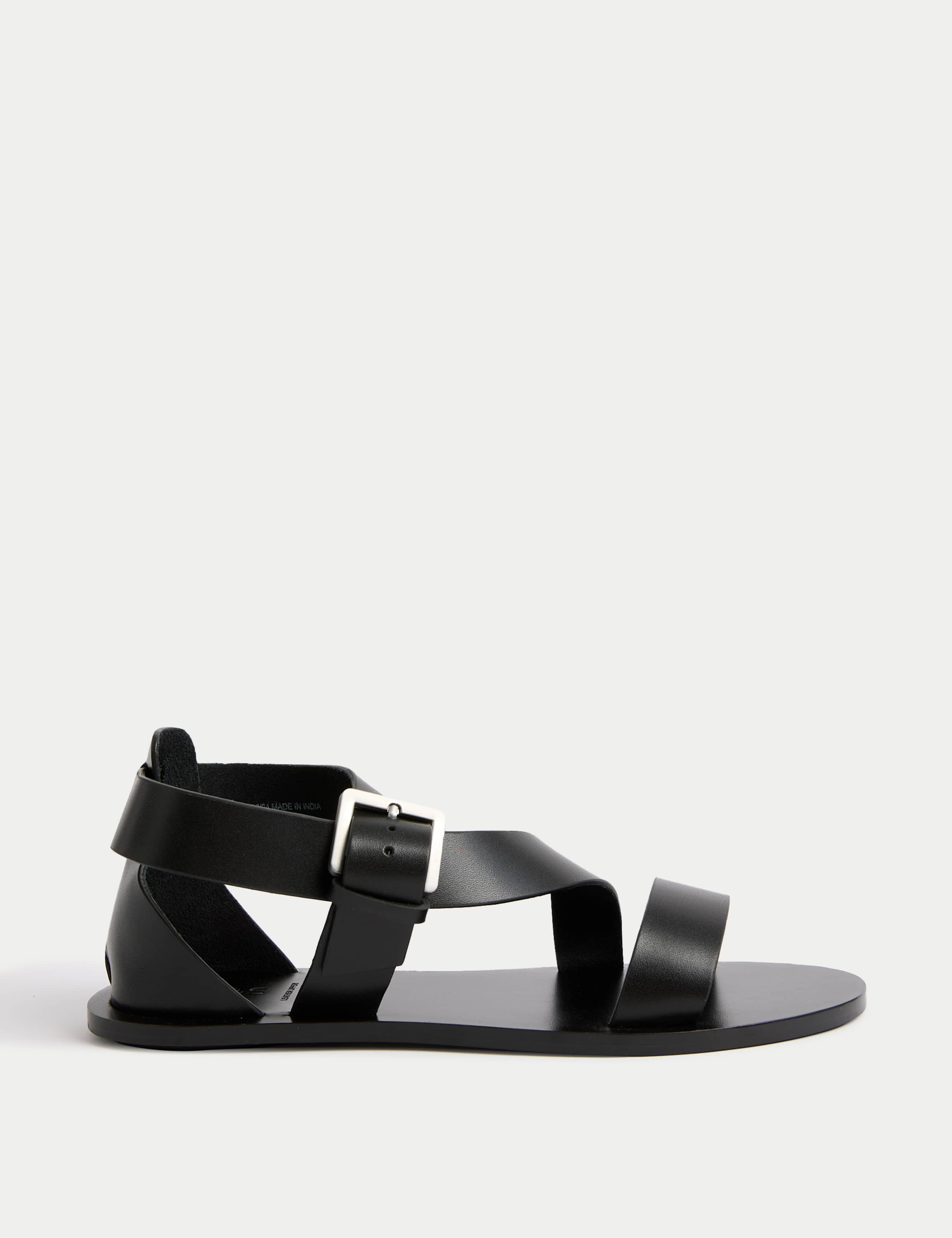 Leather Crossover Ankle Strap Flat Sandals