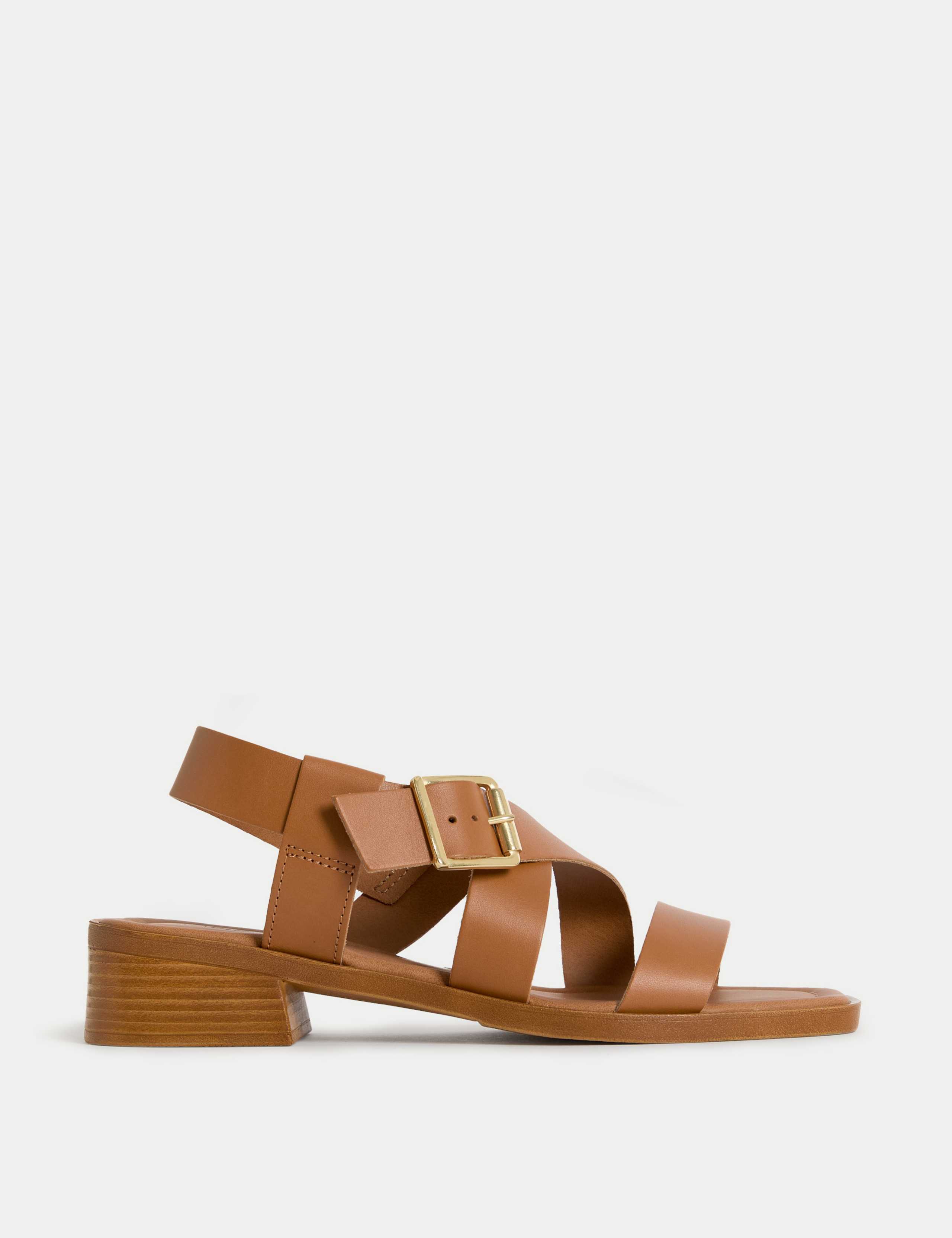Leather Buckle Strappy Block Heel Sandals