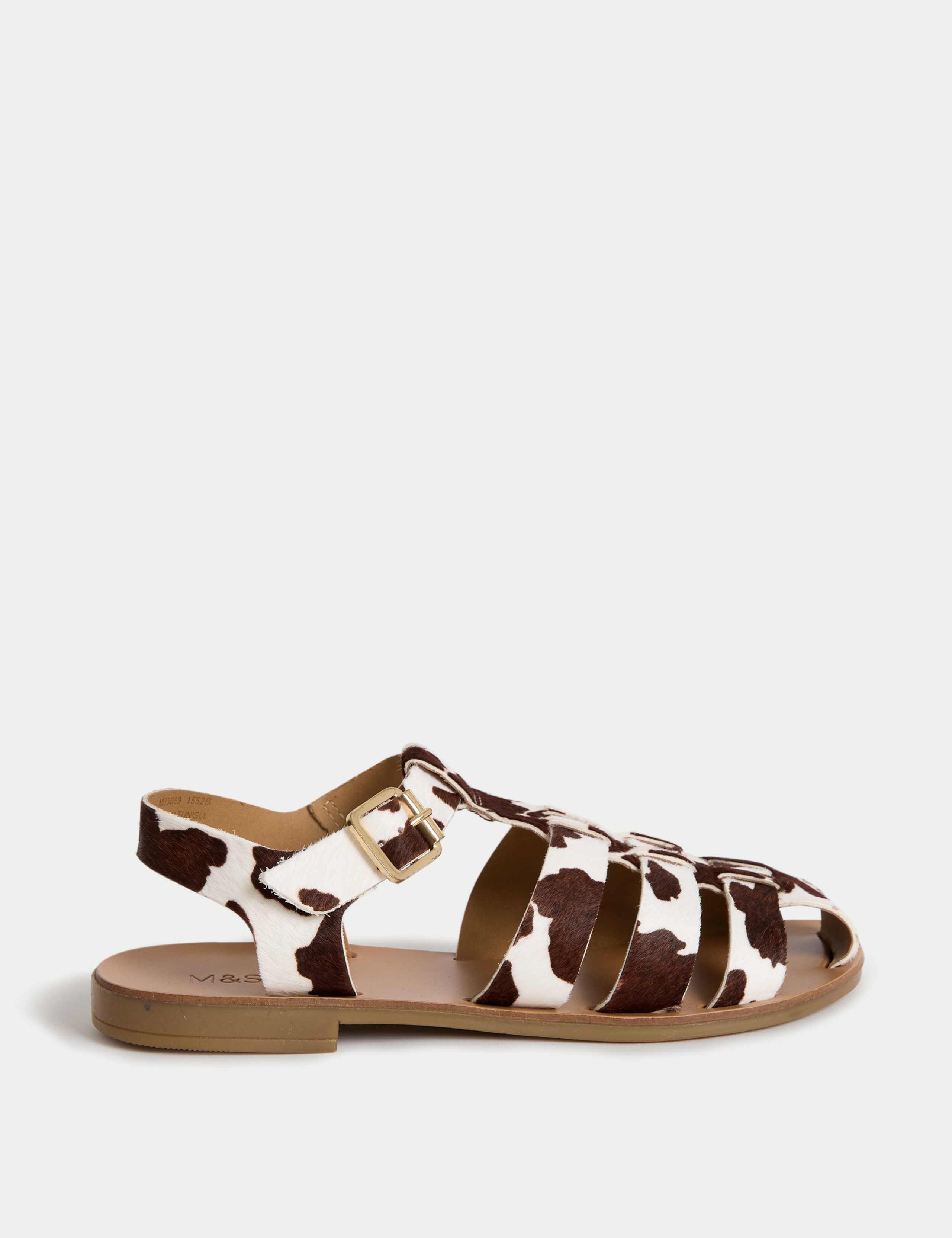 Leather Cow Print Ankle Strap Fisherman Sandals