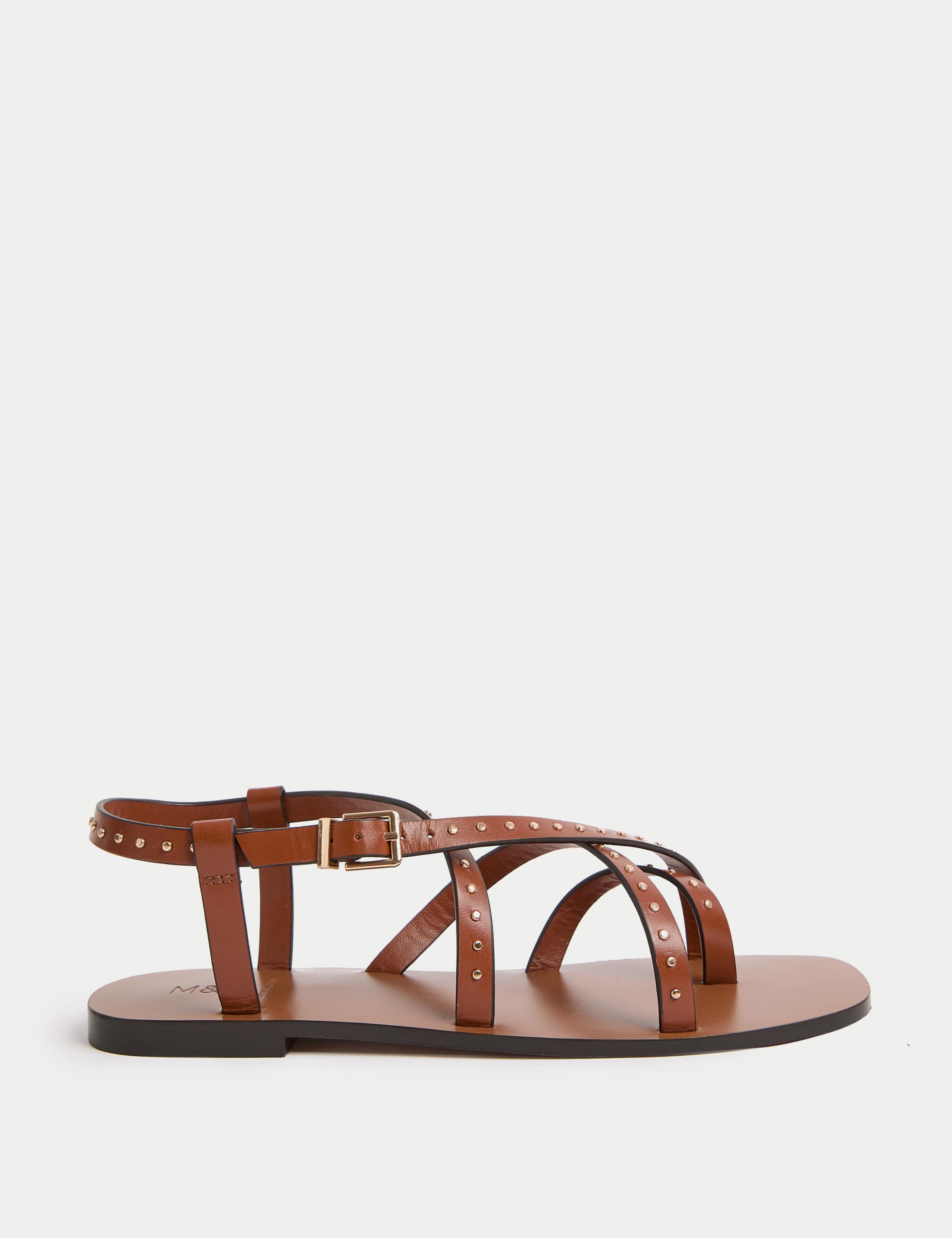 Leather Studded Ankle Strap Flat Sandals