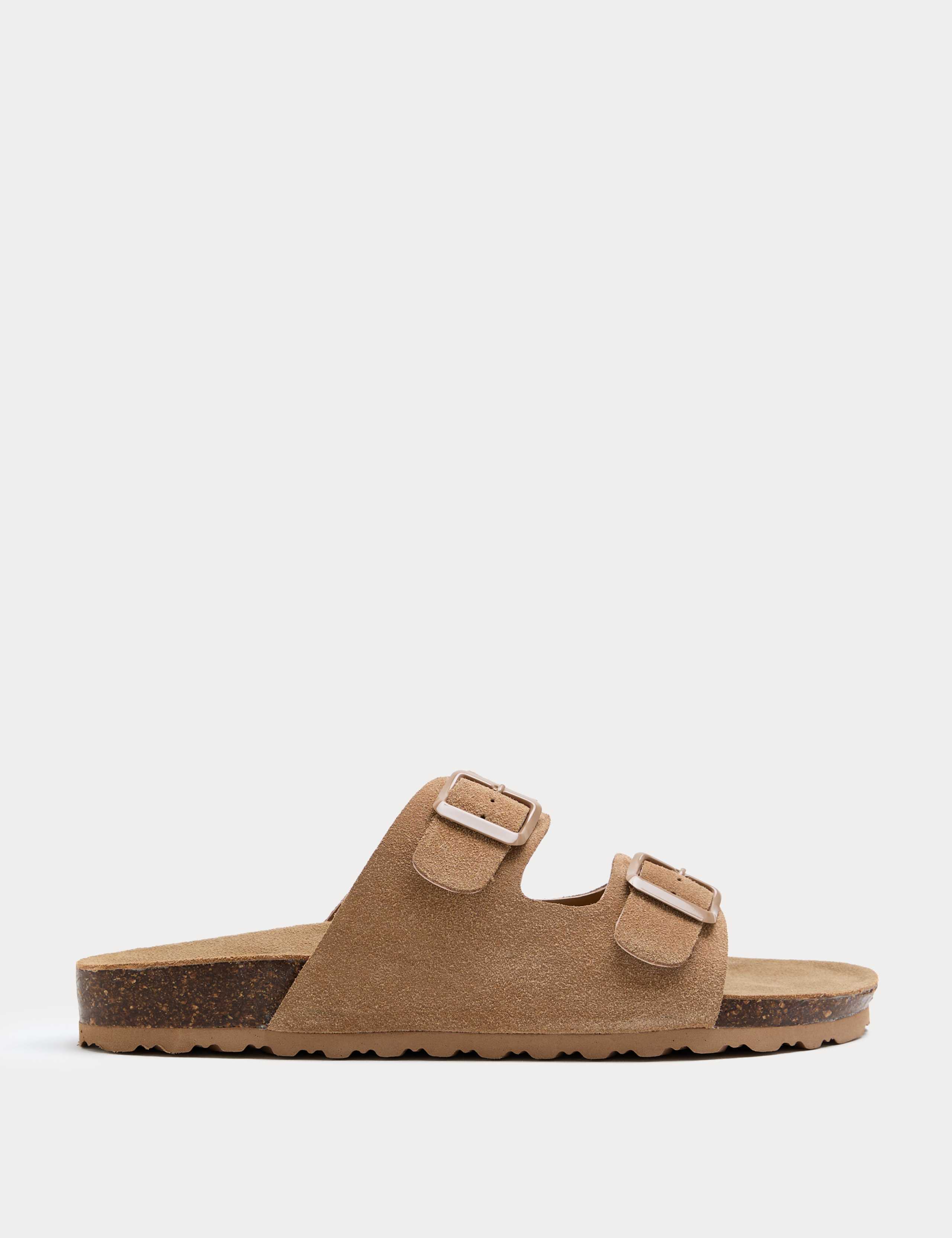Suede Buckle Footbed Mules
