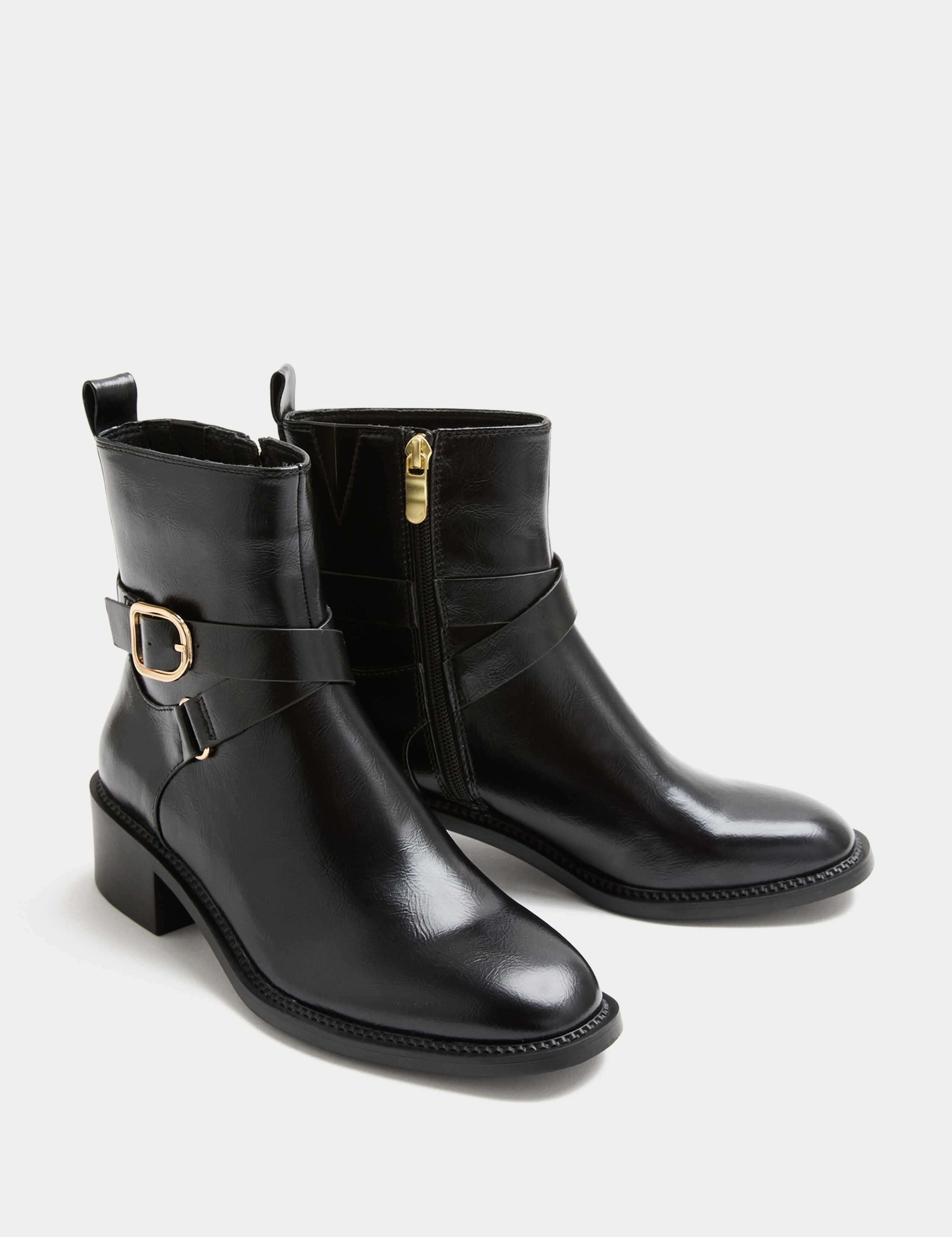 Wide Fit Buckle Block Heel Ankle Boot