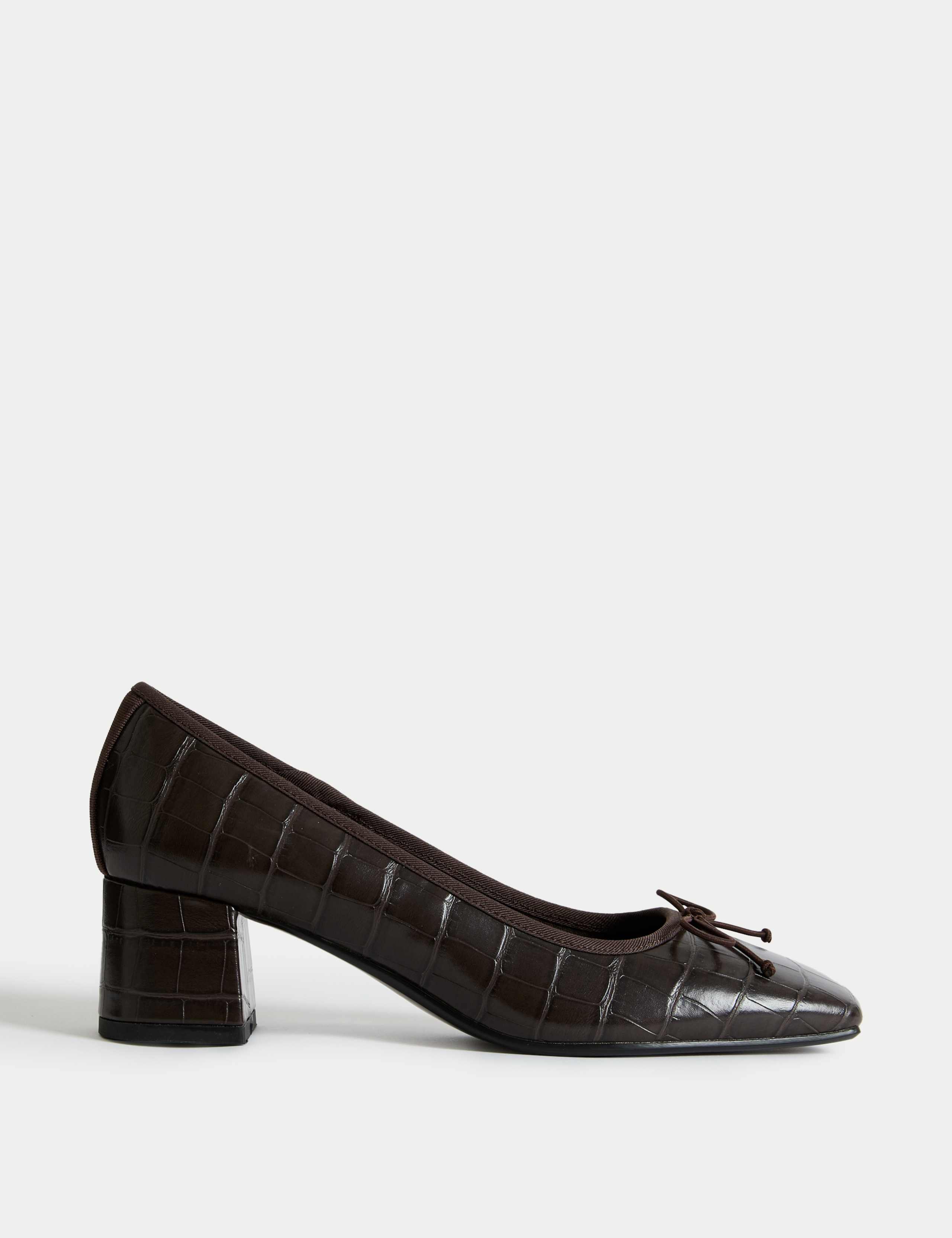 Leather Croc Block Heel Court Shoes